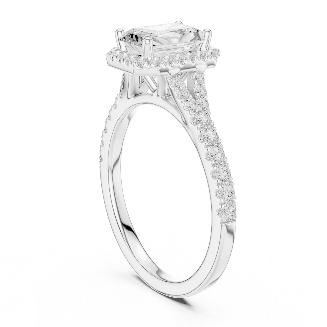 Minimal Halo Radiant Cut Diamond Ring with Split Shank Accent Band