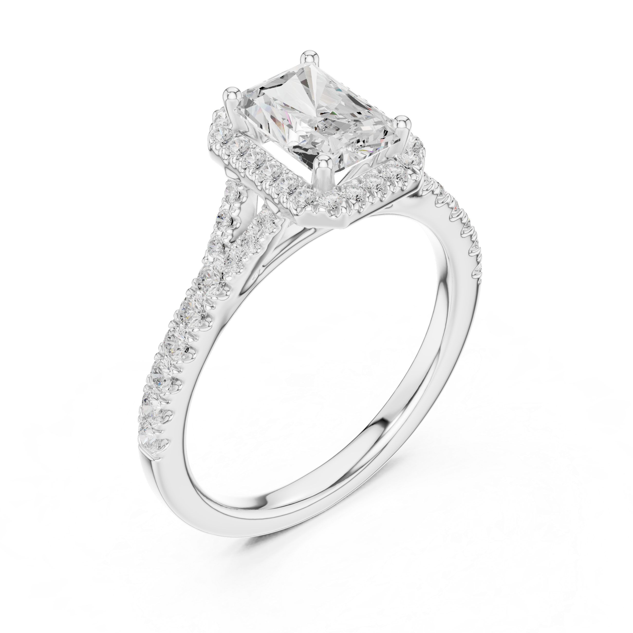 Minimal Halo Radiant Cut Diamond Ring with Split Shank Accent Band