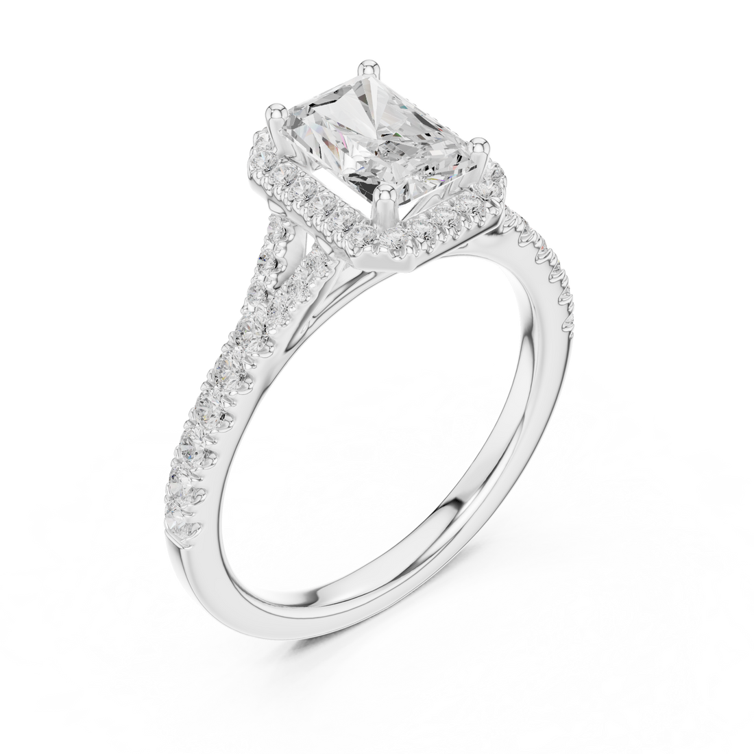 Minimal Halo Radiant Cut Diamond Ring with Split Shank Accent Band