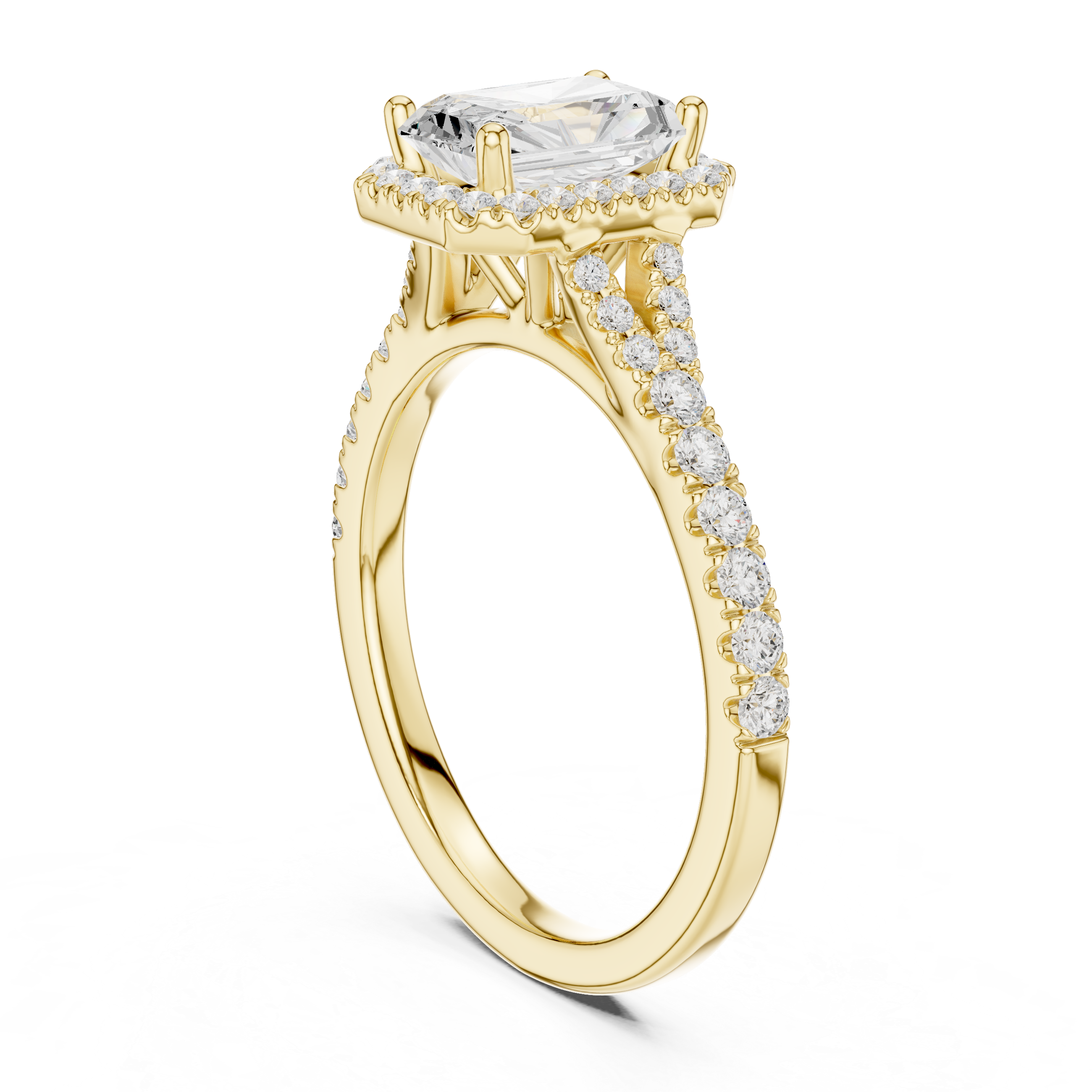 Minimal Halo Radiant Cut Diamond Ring with Split Shank Accent Band