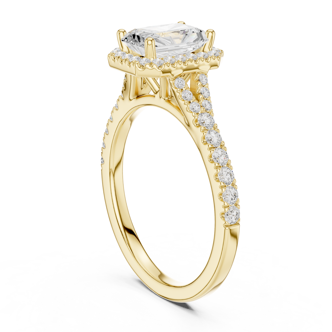 Minimal Halo Radiant Cut Diamond Ring with Split Shank Accent Band