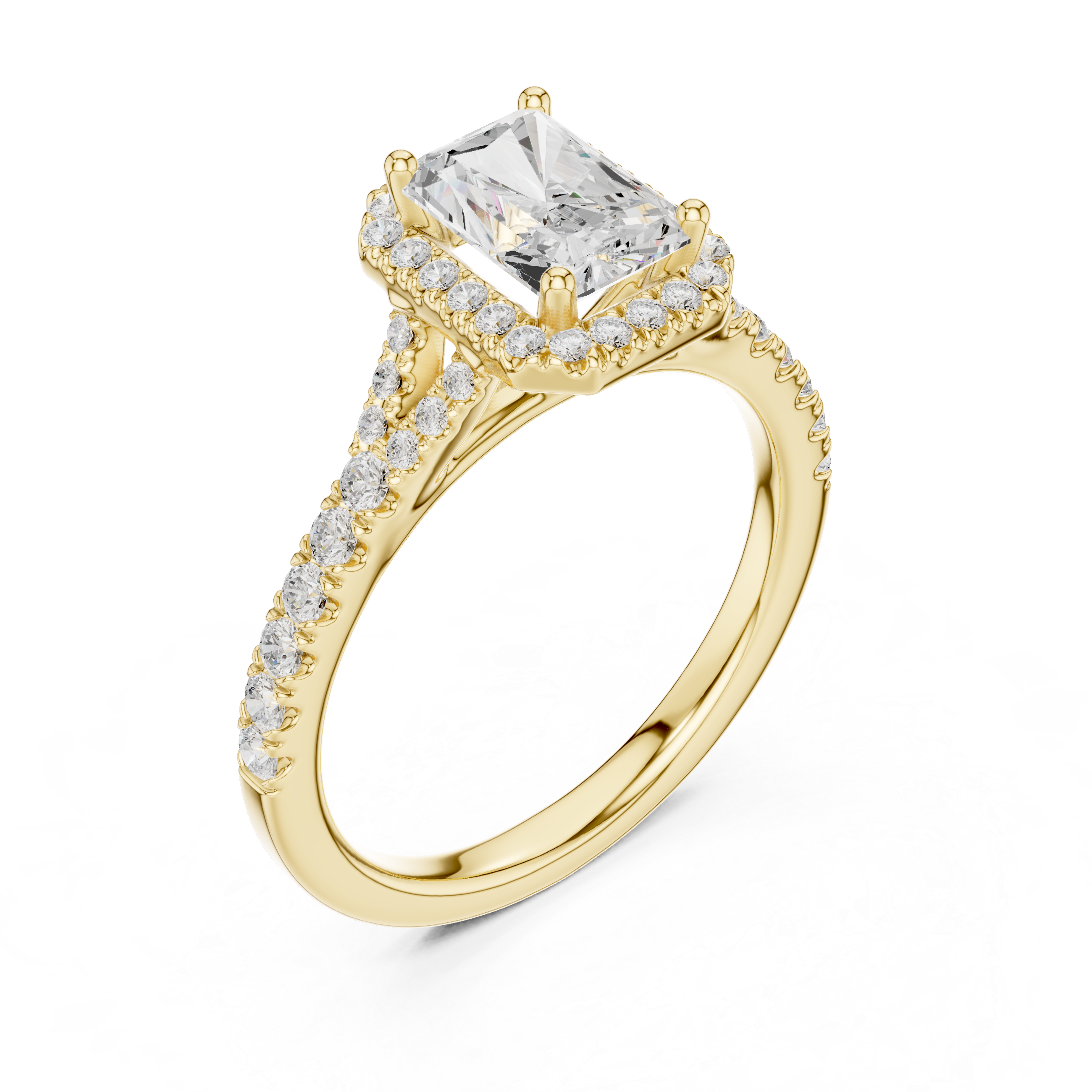 Minimal Halo Radiant Cut Diamond Ring with Split Shank Accent Band