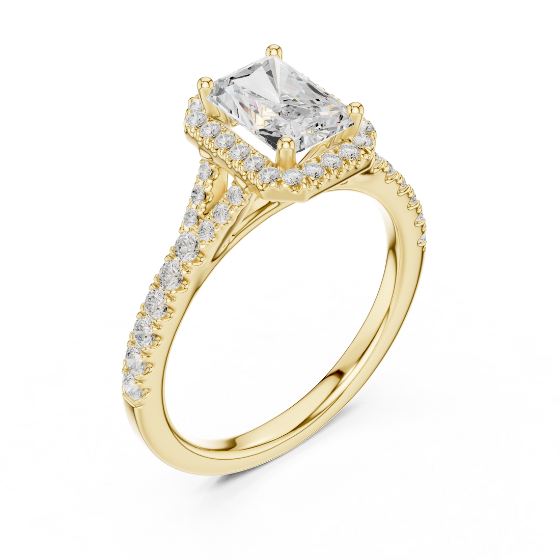 Minimal Halo Radiant Cut Diamond Ring with Split Shank Accent Band