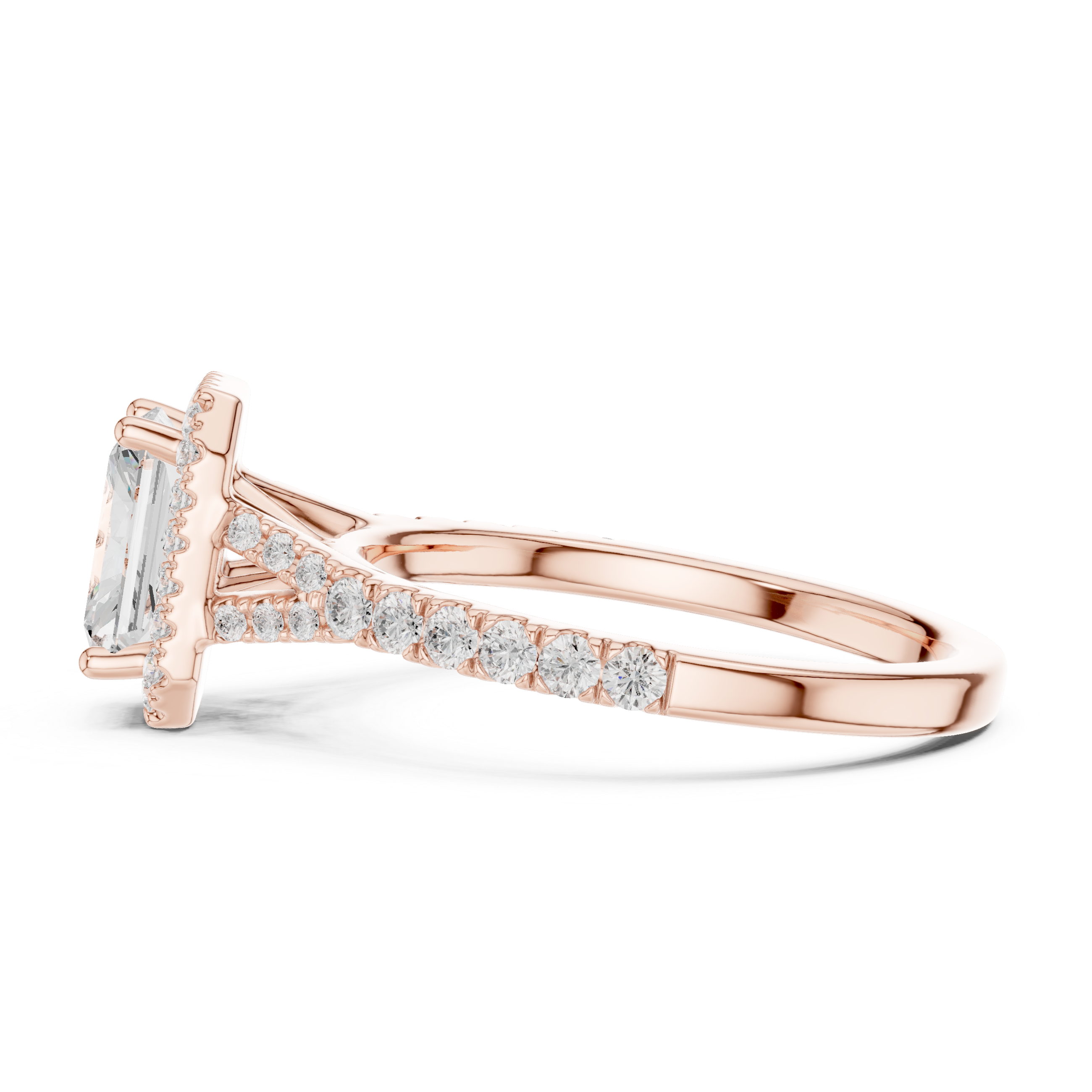Minimal Halo Radiant Cut Diamond Ring with Split Shank Accent Band