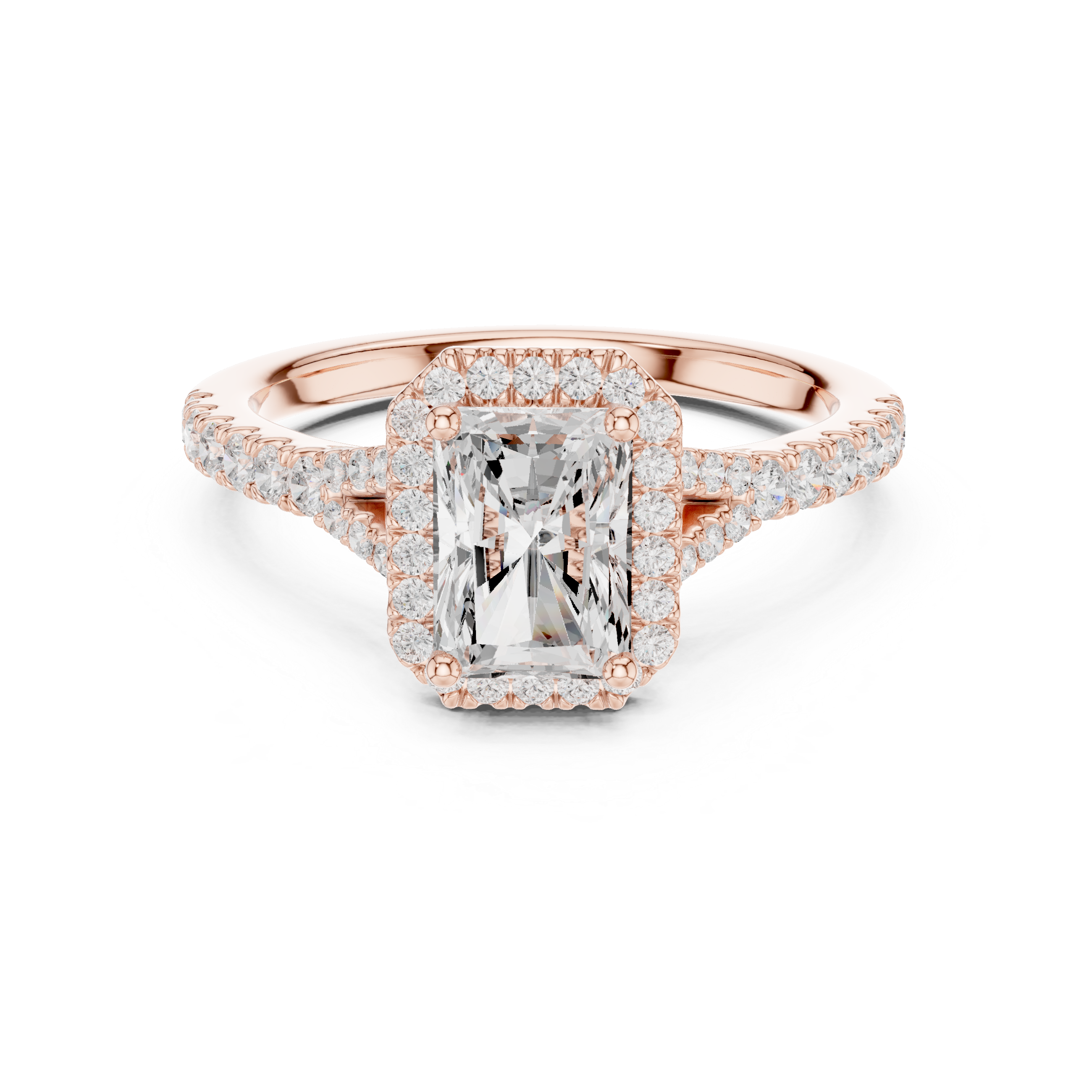 Minimal Halo Radiant Cut Diamond Ring with Split Shank Accent Band