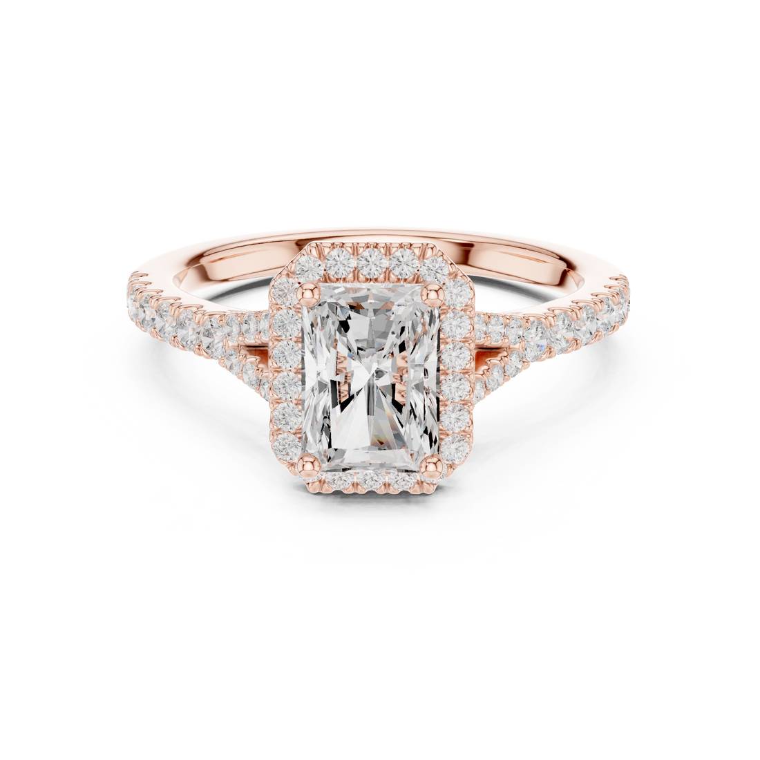 Minimal Halo Radiant Cut Diamond Ring with Split Shank Accent Band