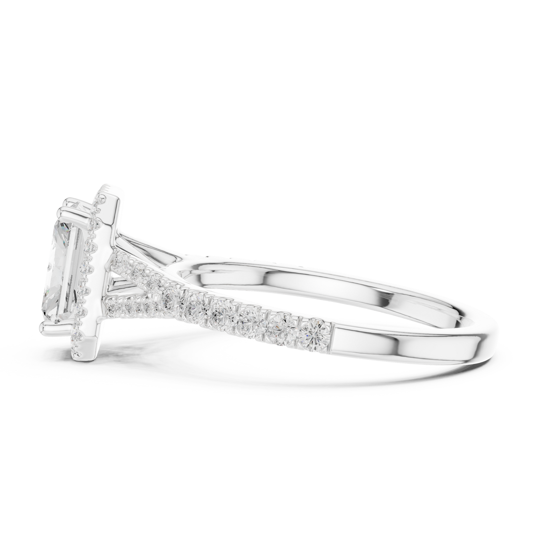 Minimal Halo Radiant Cut Diamond Ring with Split Shank Accent Band