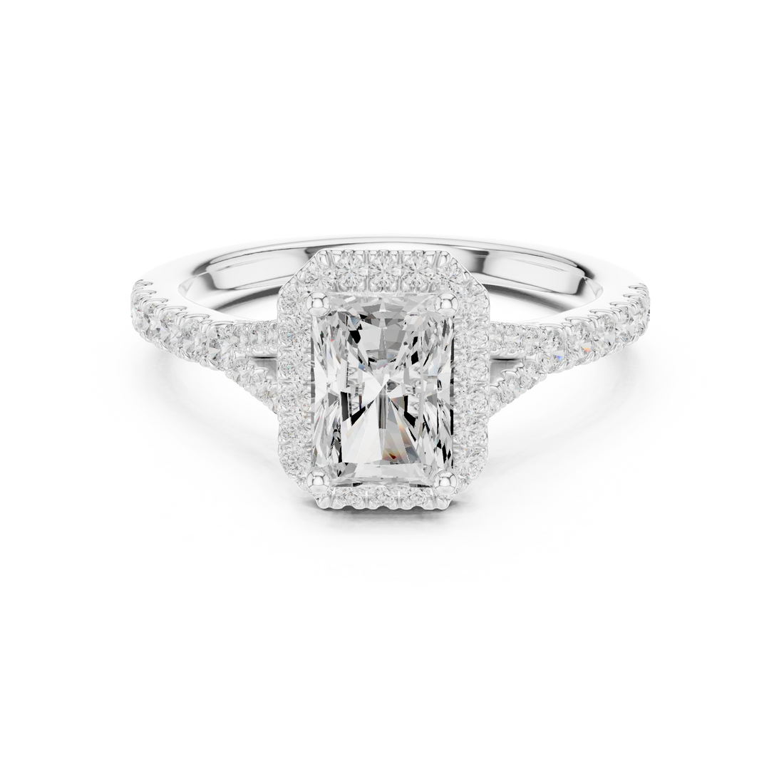 Minimal Halo Radiant Cut Diamond Ring with Split Shank Accent Band