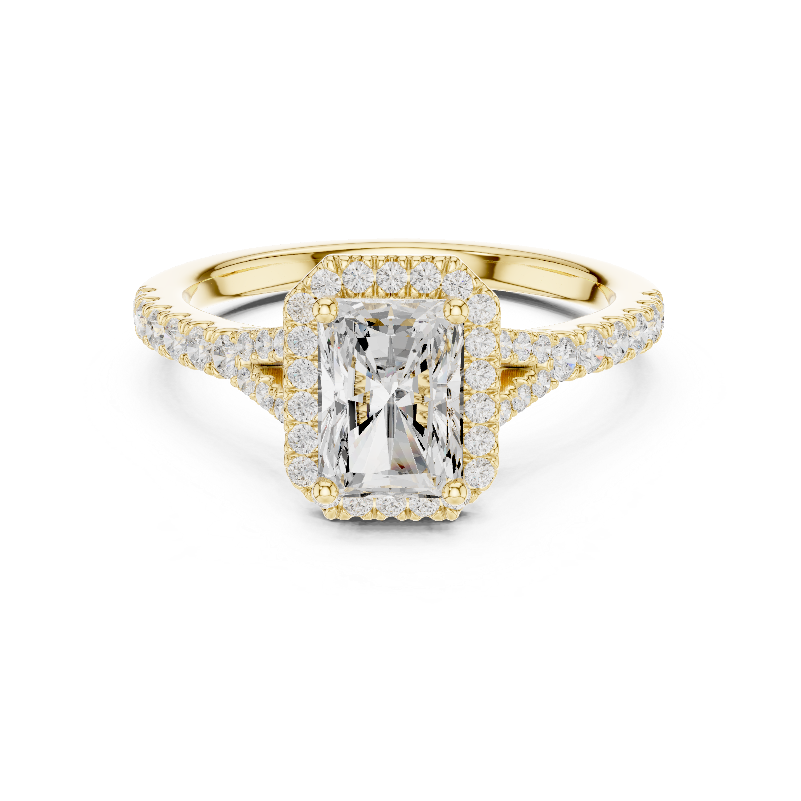 Minimal Halo Radiant Cut Diamond Ring with Split Shank Accent Band