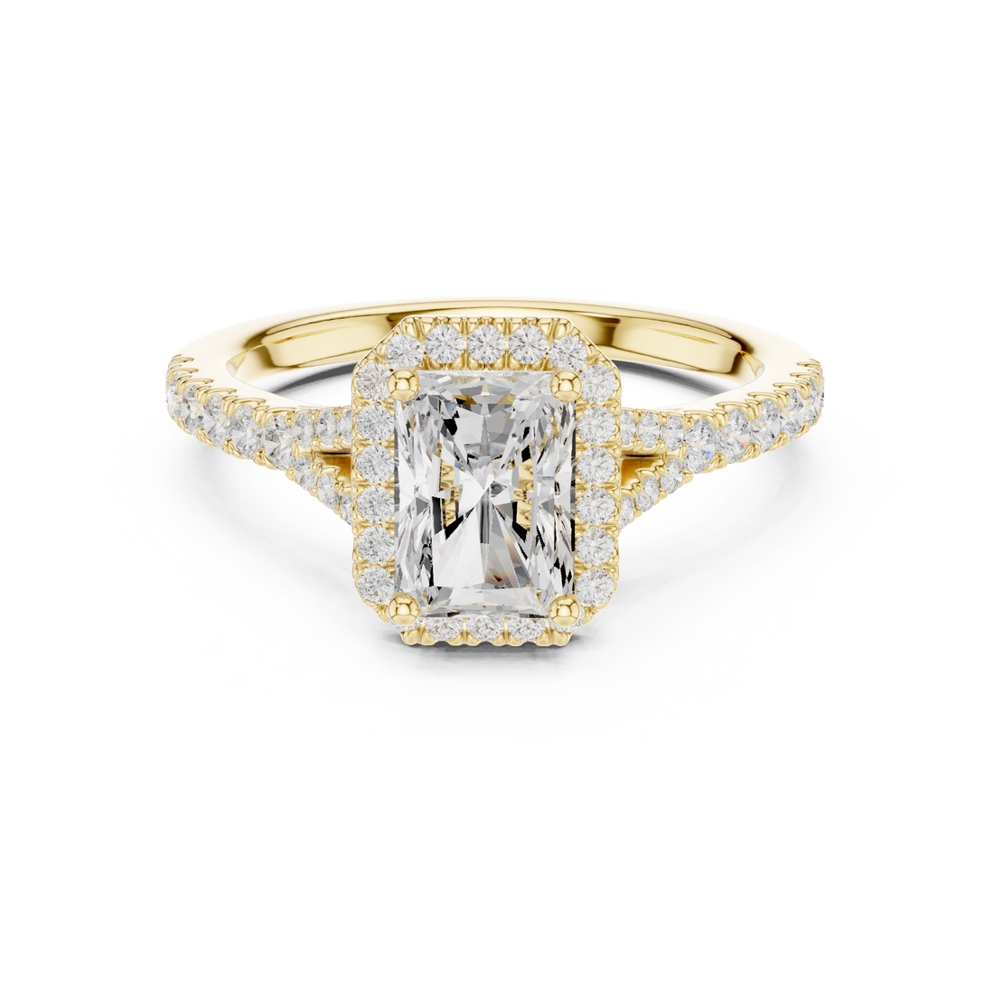Minimal Halo Radiant Cut Diamond Ring with Split Shank Accent Band