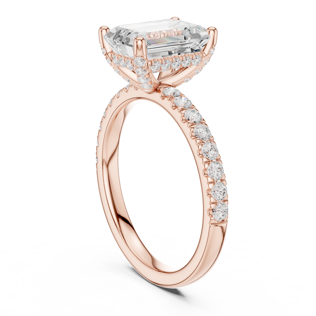 Delicate Hidden Halo Ring with Emerald Diamond & Pavé Accents