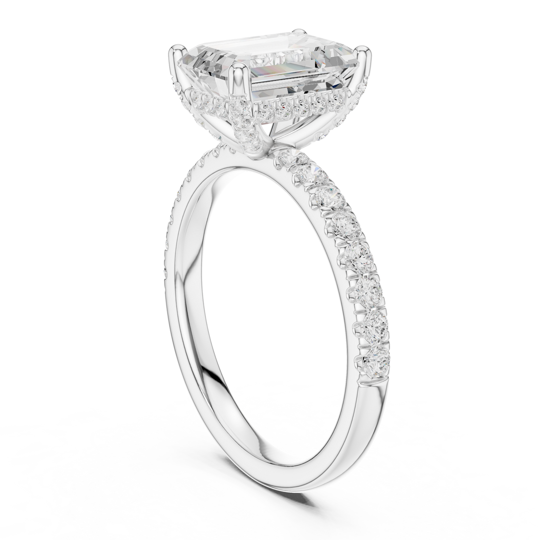 Delicate Hidden Halo Ring with Emerald Diamond & Pavé Accents