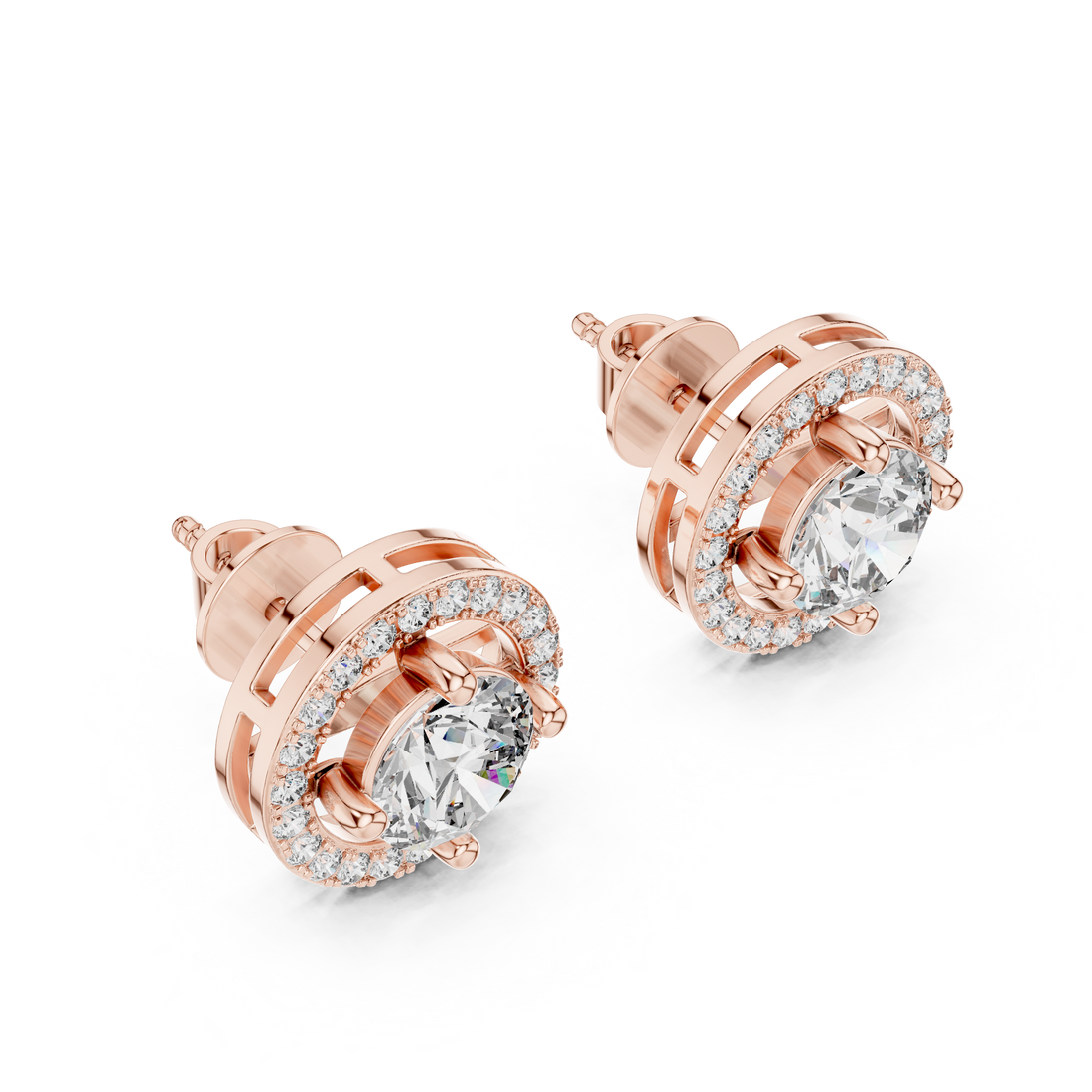 Luxury Round Diamond Halo Stud Earrings – Minimalist Rose Gold Design