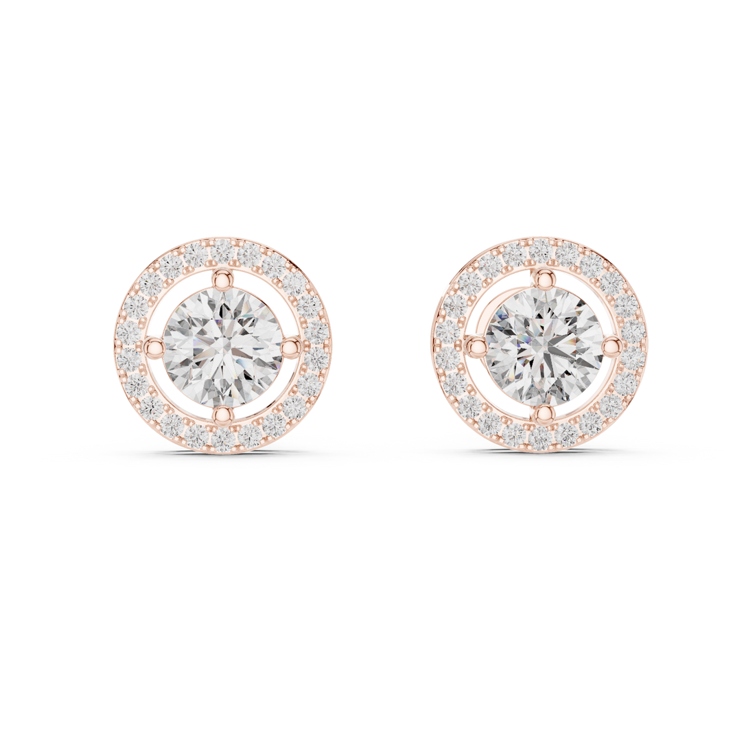 Luxury Round Diamond Halo Stud Earrings – Minimalist Rose Gold Design