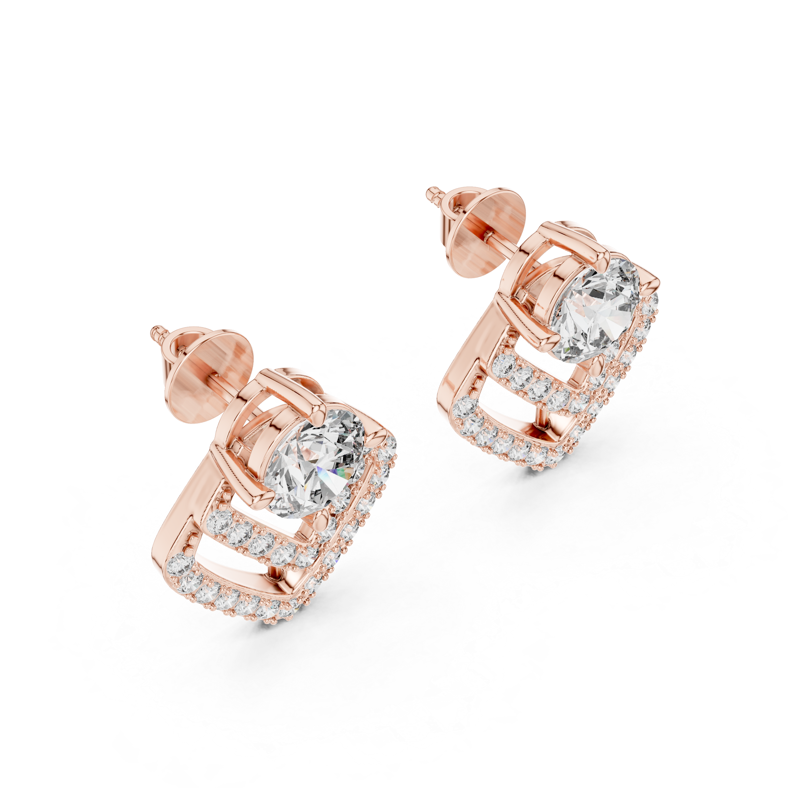 Modern Geometric Diamond Drop Earrings – Round Solitaire with Pavé Chevron Design