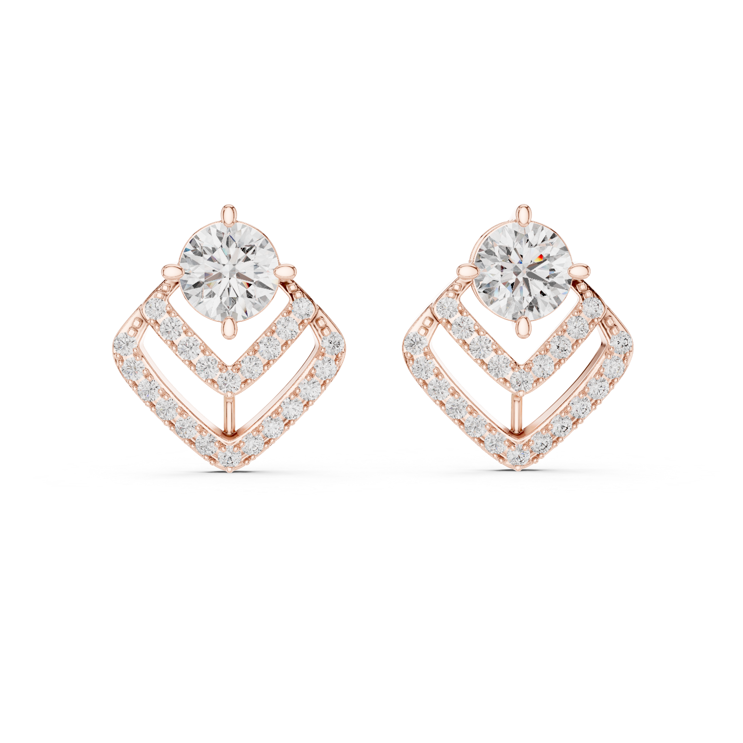 Modern Geometric Diamond Drop Earrings – Round Solitaire with Pavé Chevron Design