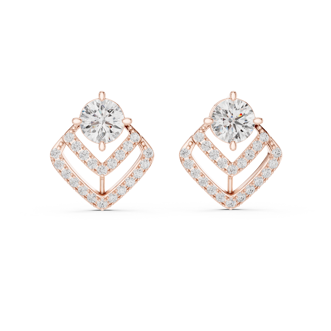 Modern Geometric Diamond Drop Earrings – Round Solitaire with Pavé Chevron Design