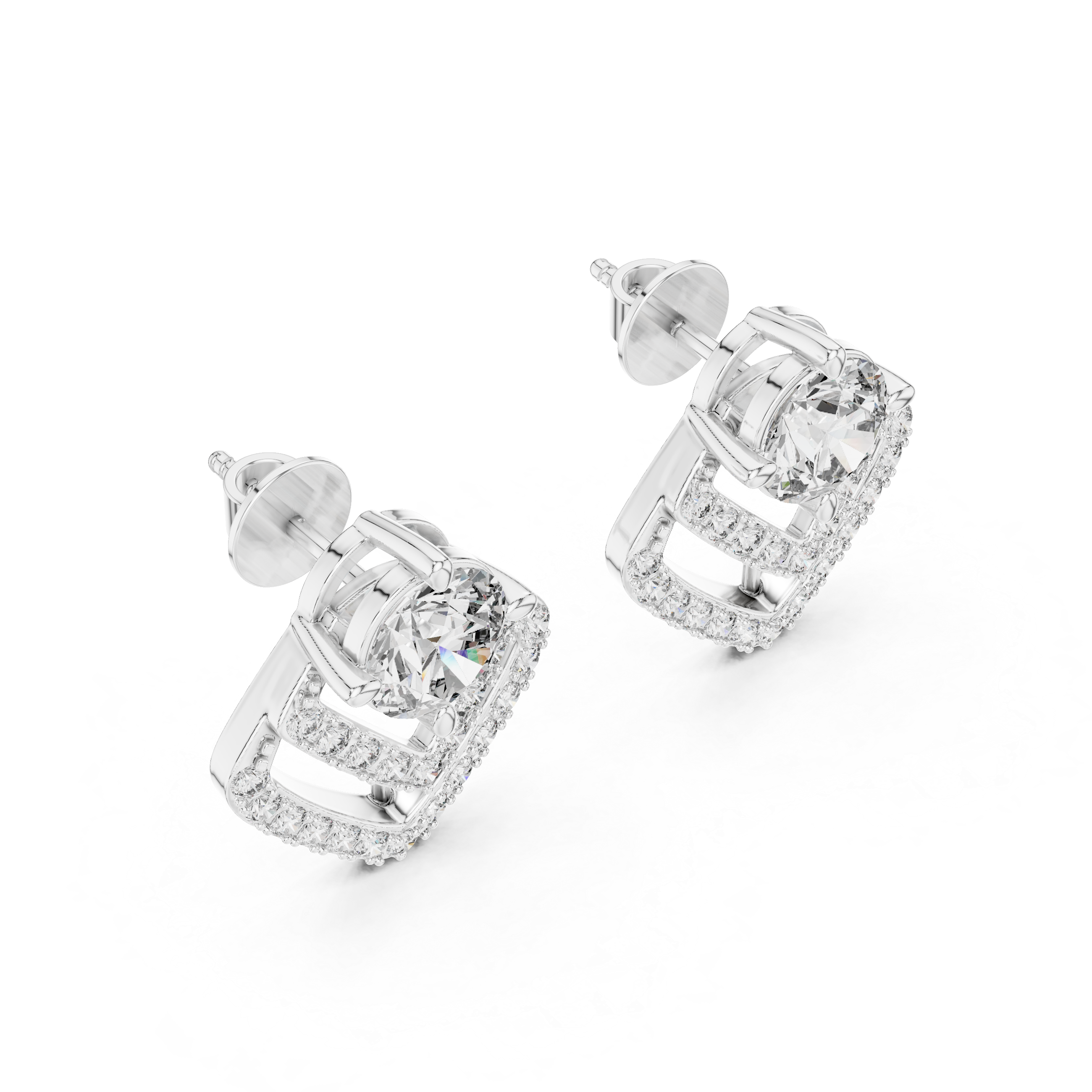 Modern Geometric Diamond Drop Earrings – Round Solitaire with Pavé Chevron Design