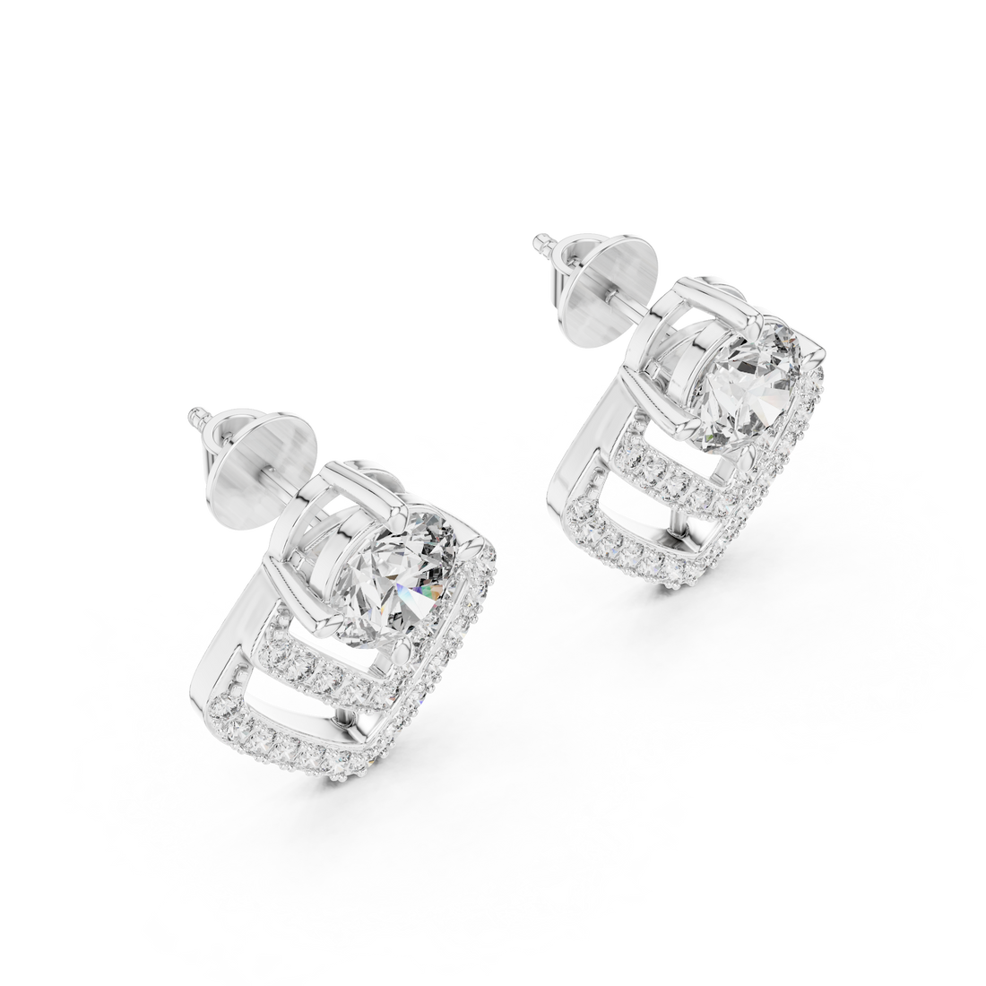 Modern Geometric Diamond Drop Earrings – Round Solitaire with Pavé Chevron Design