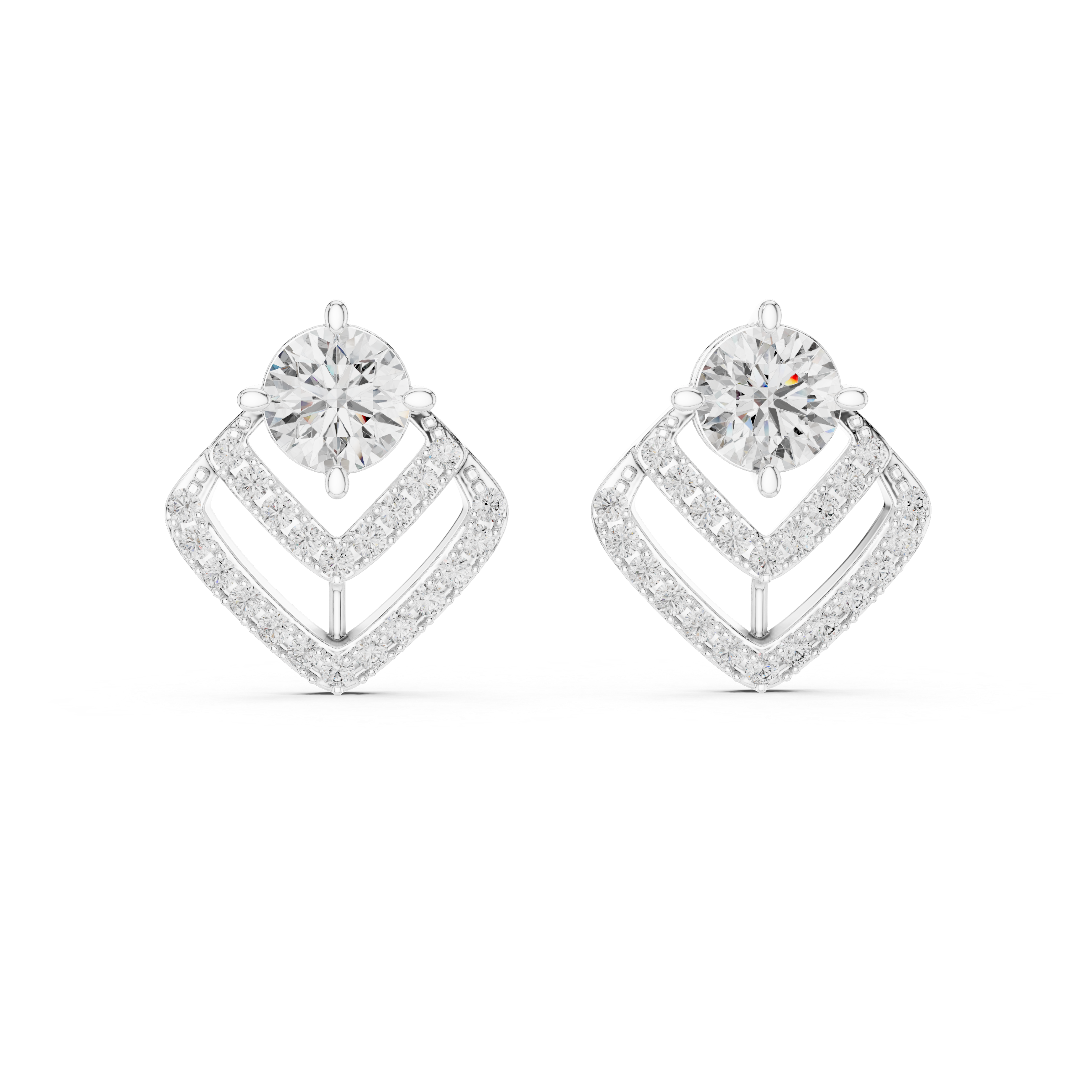 Modern Geometric Diamond Drop Earrings – Round Solitaire with Pavé Chevron Design