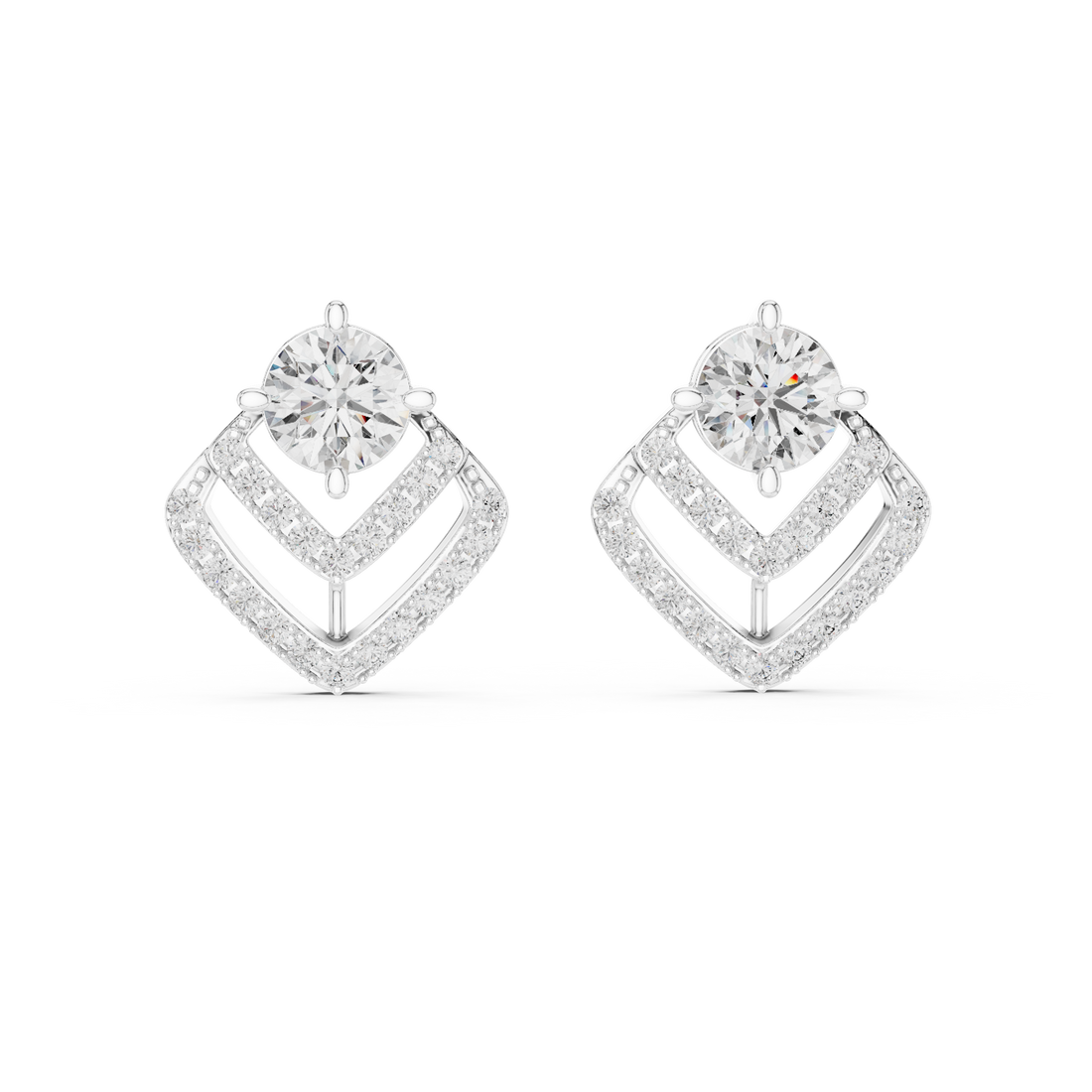 Modern Geometric Diamond Drop Earrings – Round Solitaire with Pavé Chevron Design