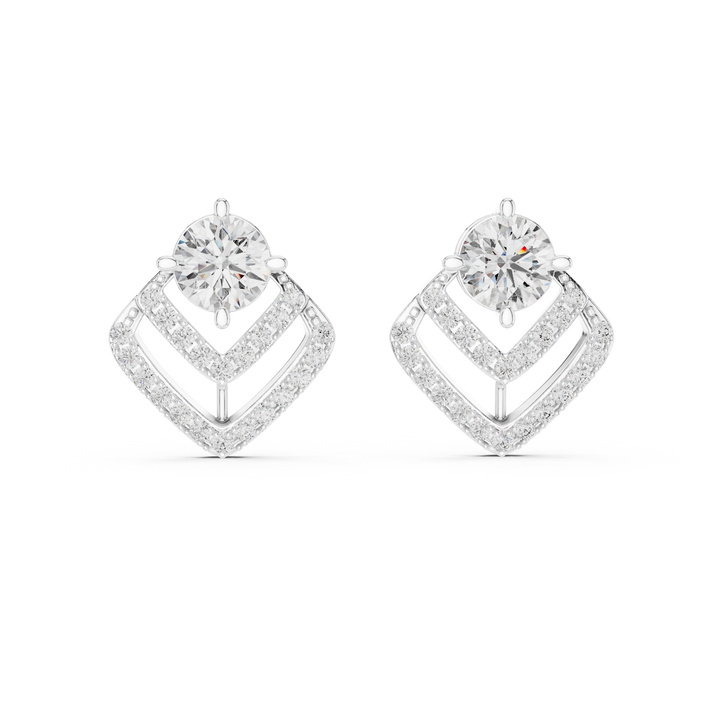 Modern Geometric Diamond Drop Earrings – Round Solitaire with Pavé Chevron Design