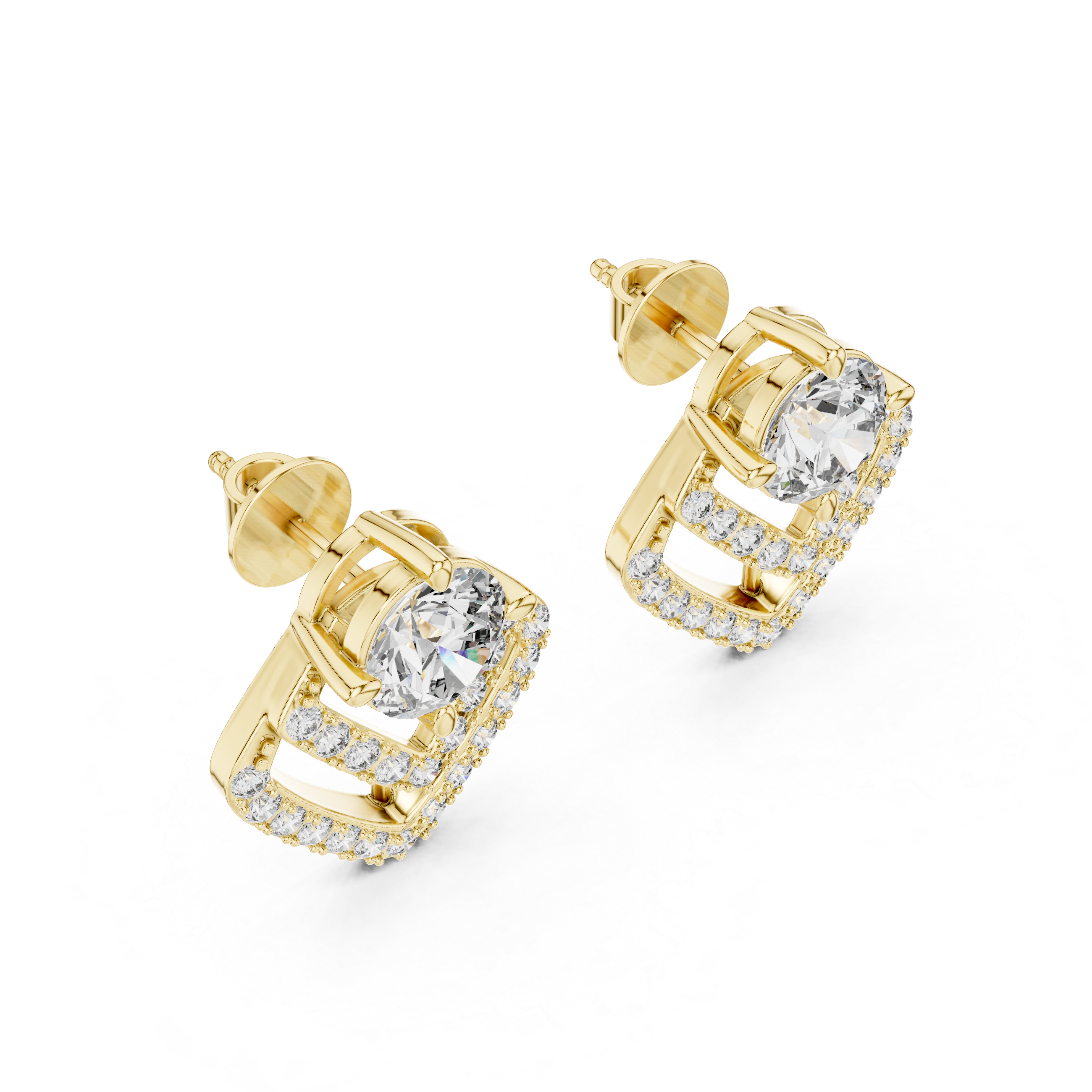 Modern Geometric Diamond Drop Earrings – Round Solitaire with Pavé Chevron Design