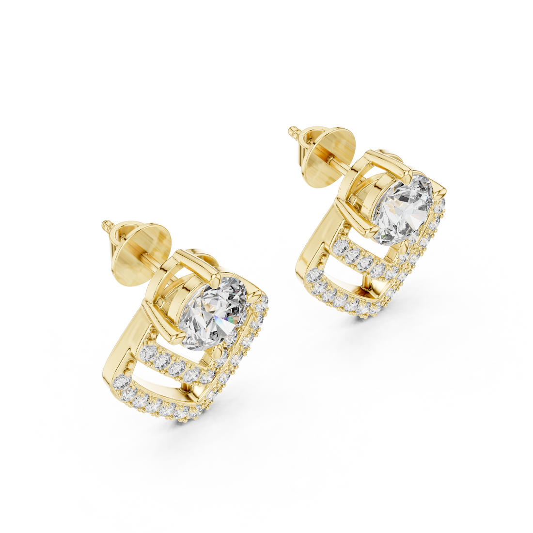 Modern Geometric Diamond Drop Earrings – Round Solitaire with Pavé Chevron Design