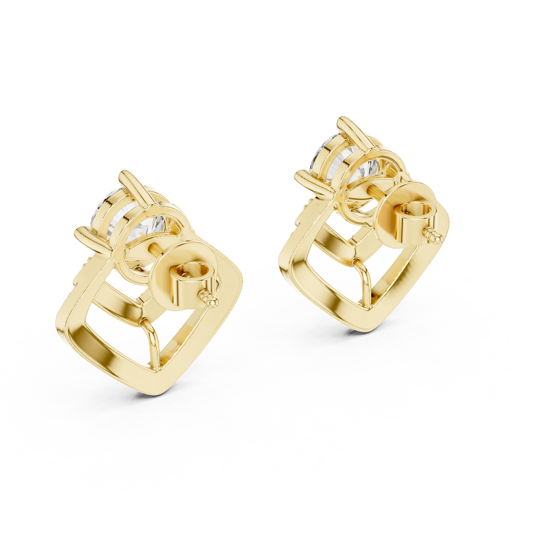 Modern Geometric Diamond Drop Earrings – Round Solitaire with Pavé Chevron Design