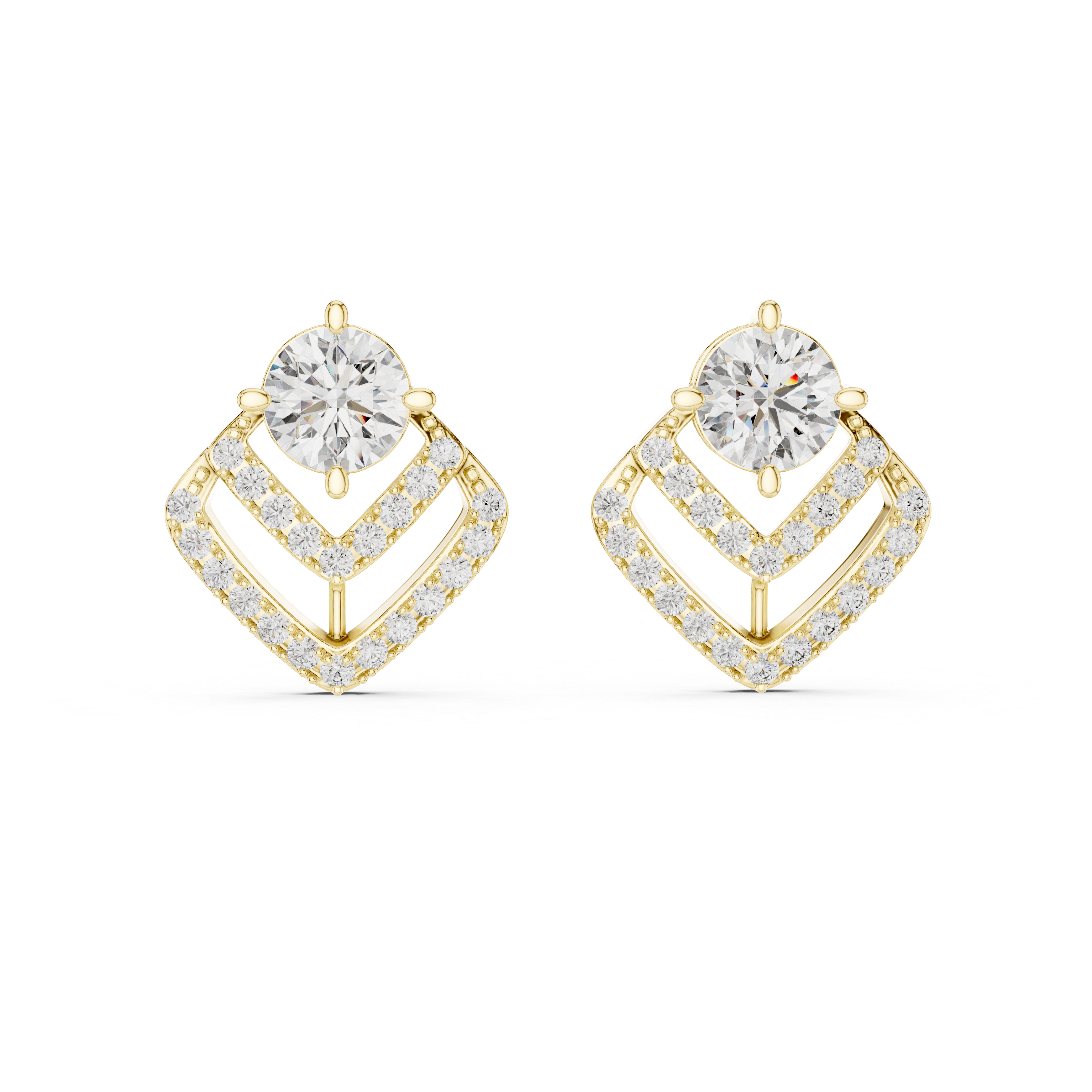 Modern Geometric Diamond Drop Earrings – Round Solitaire with Pavé Chevron Design
