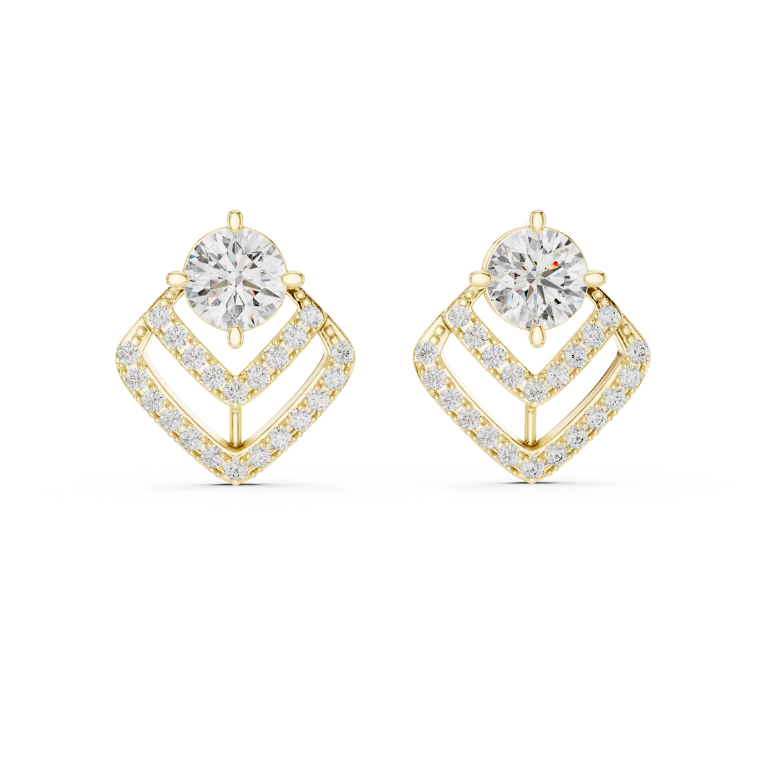 Modern Geometric Diamond Drop Earrings – Round Solitaire with Pavé Chevron Design