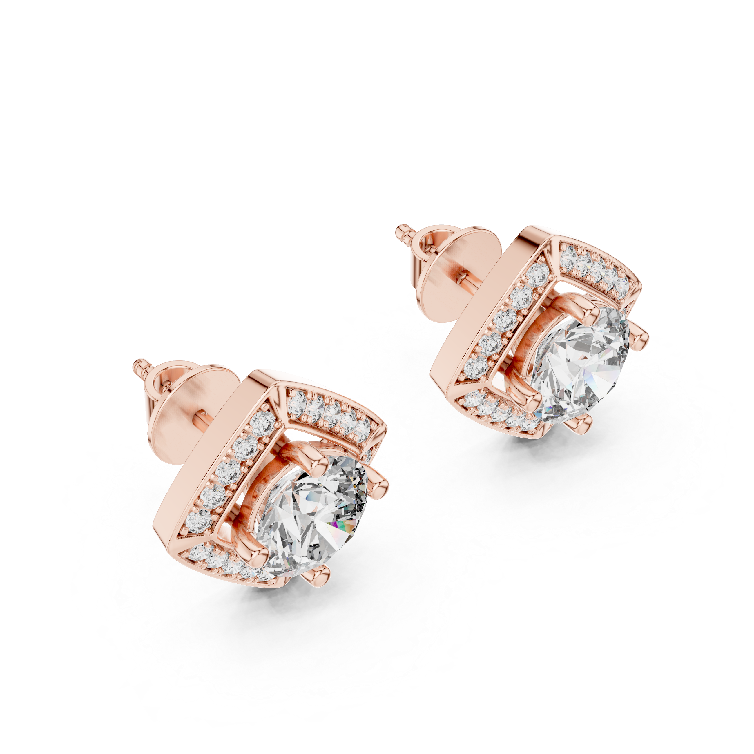 Square Shape Center Round Diamond Stud Halo Earrings in White Gold