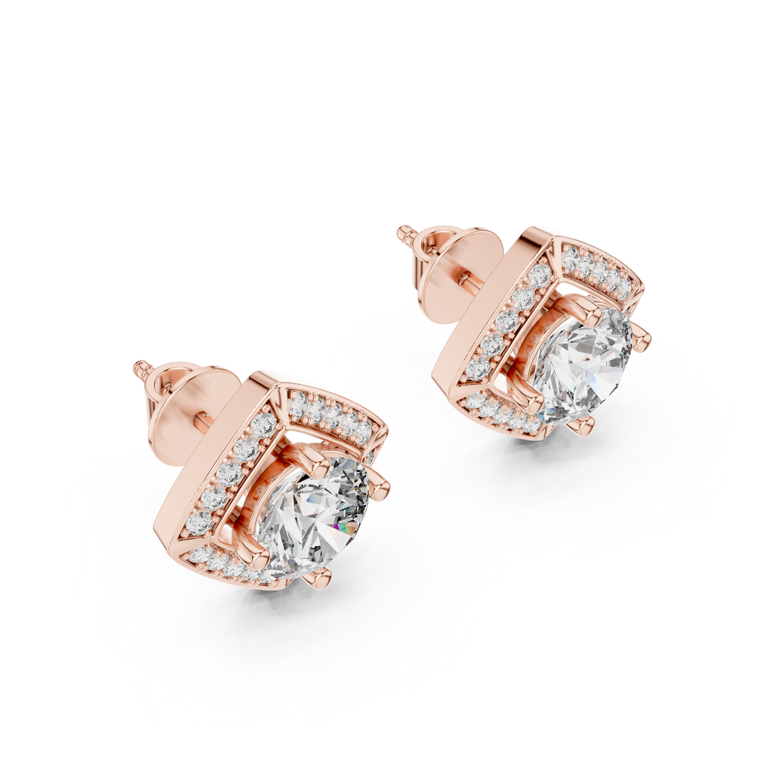 Square Shape Center Round Diamond Stud Halo Earrings in White Gold