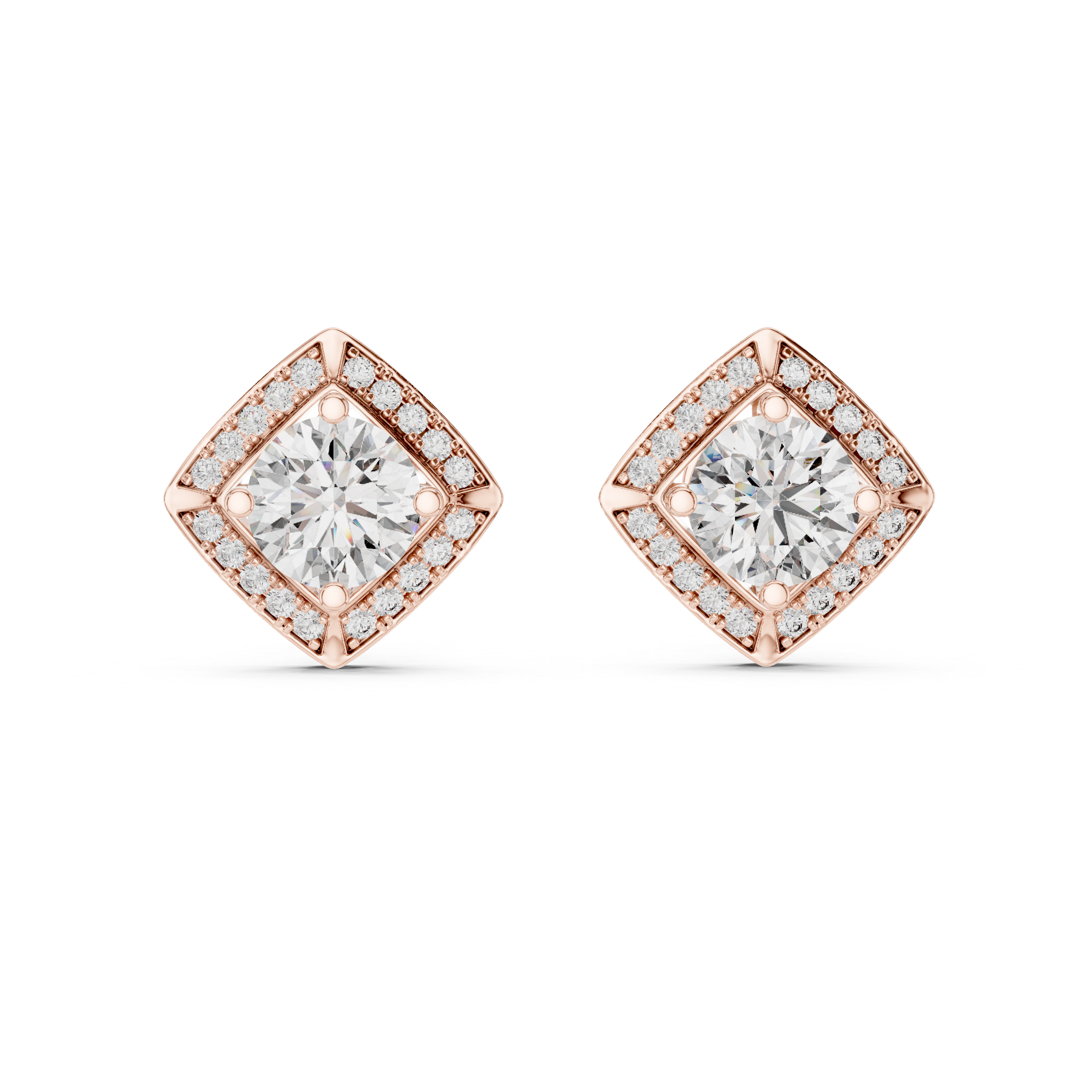 Square Shape Center Round Diamond Stud Halo Earrings in White Gold