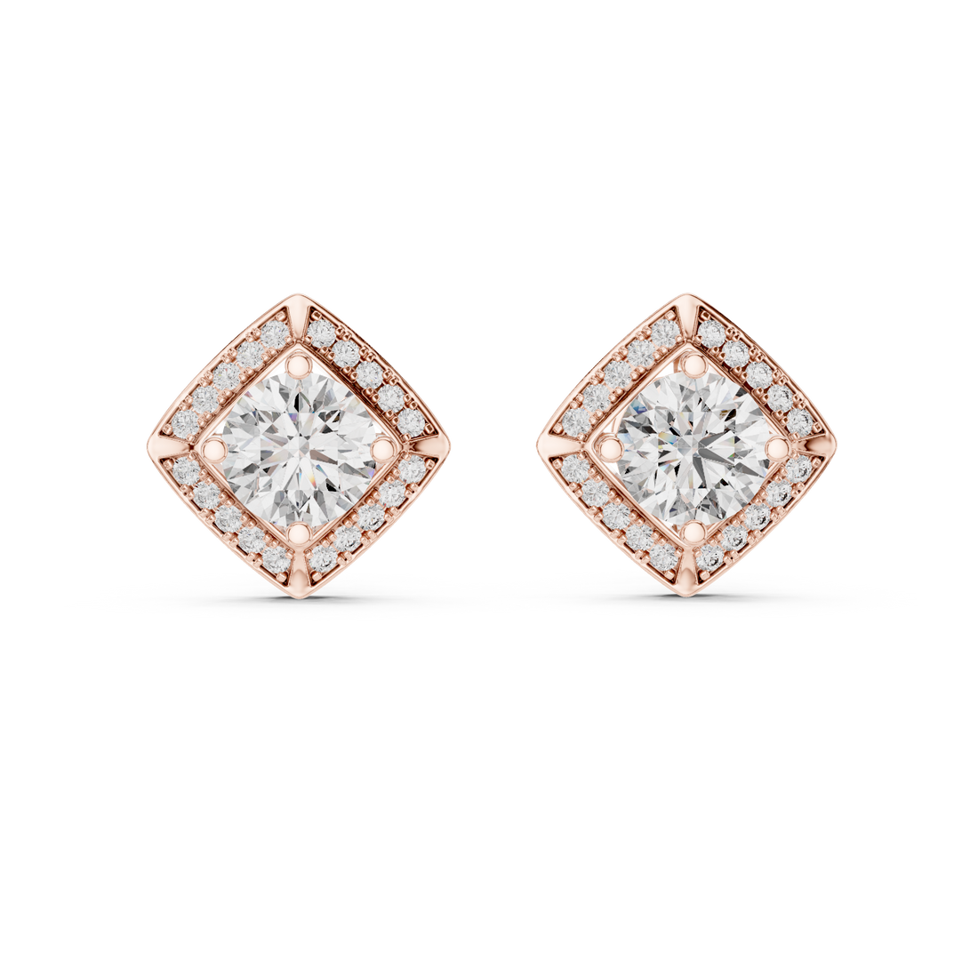 Square Shape Center Round Diamond Stud Halo Earrings in White Gold