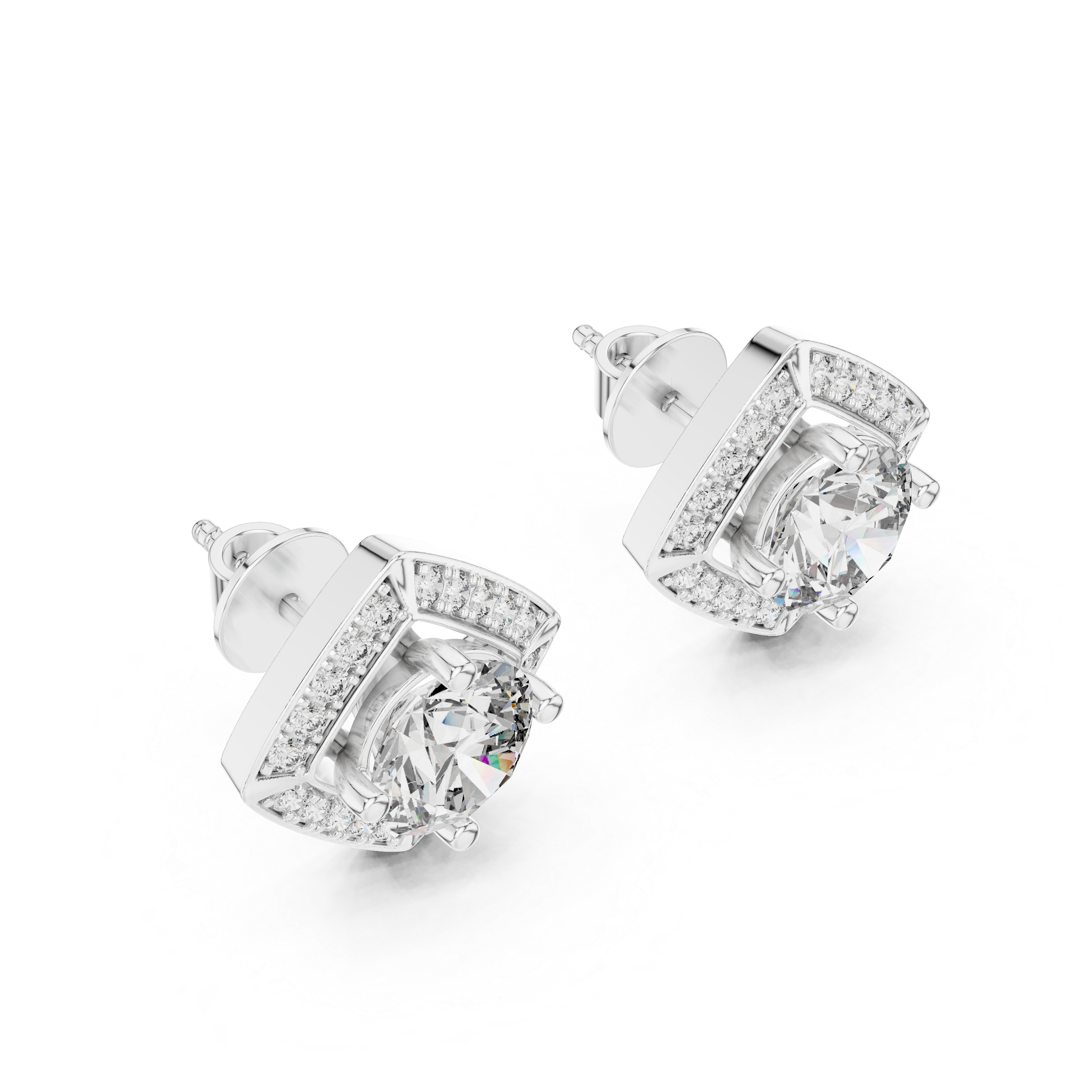 Square Shape Center Round Diamond Stud Halo Earrings in White Gold