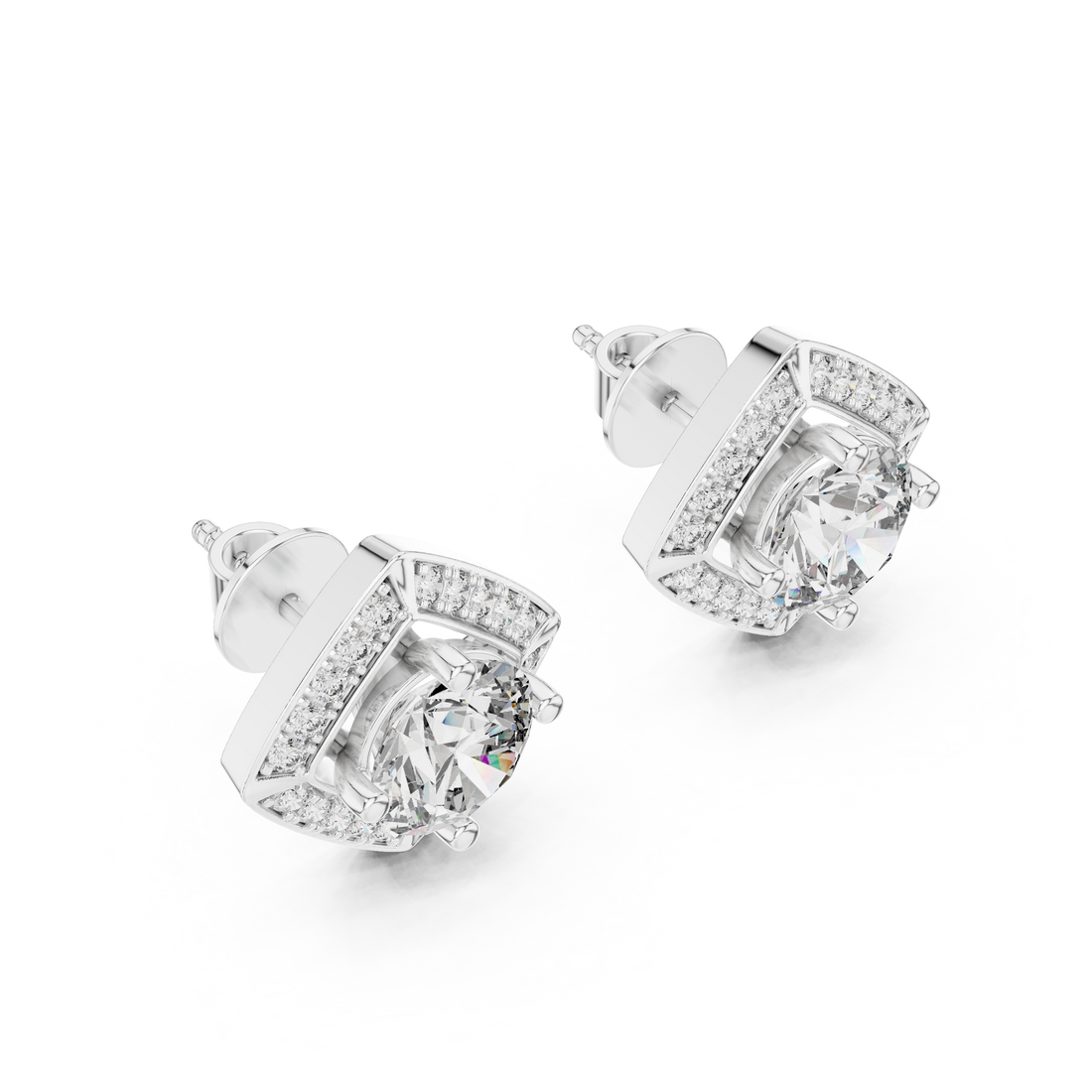 Square Shape Center Round Diamond Stud Halo Earrings in White Gold
