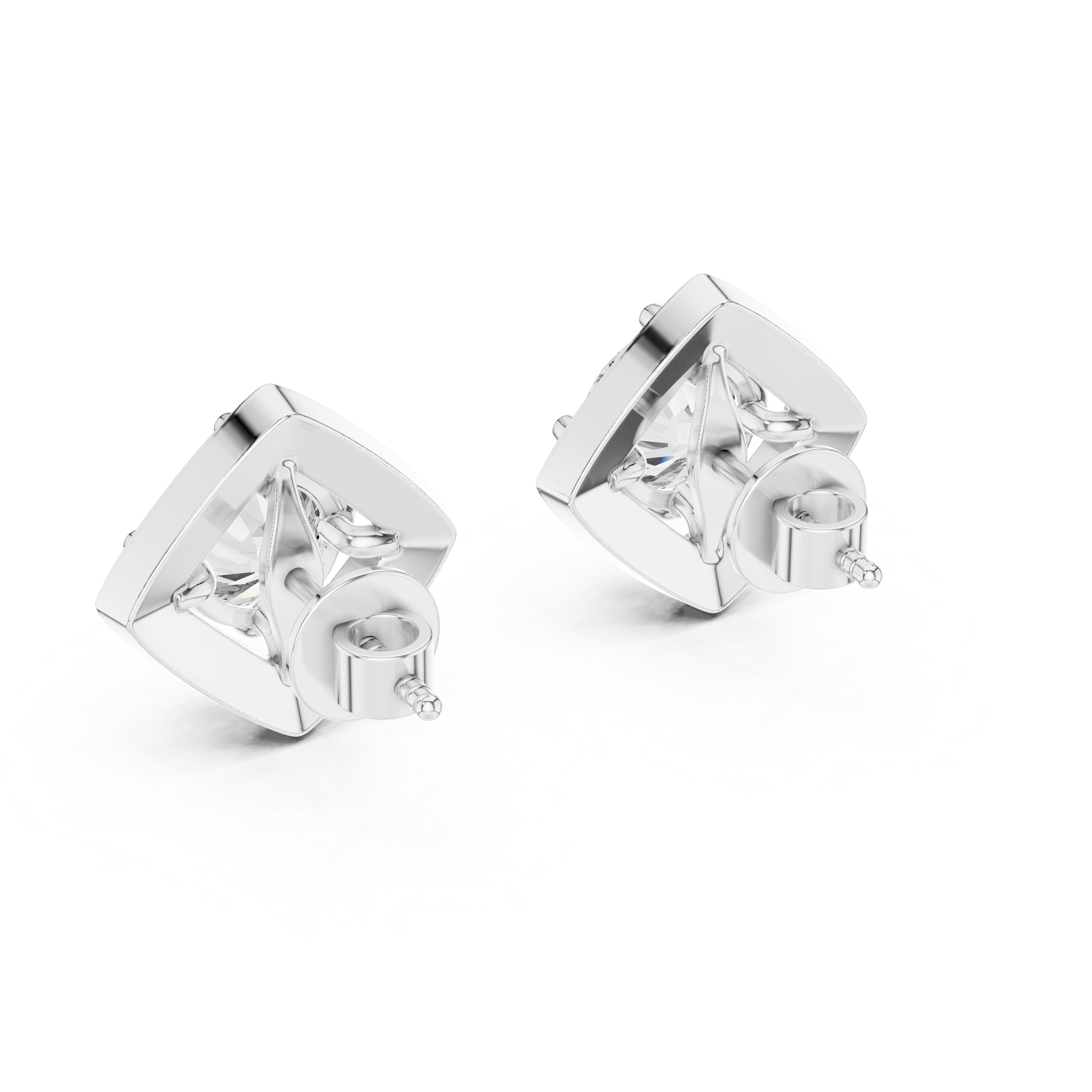 Square Shape Center Round Diamond Stud Halo Earrings in White Gold