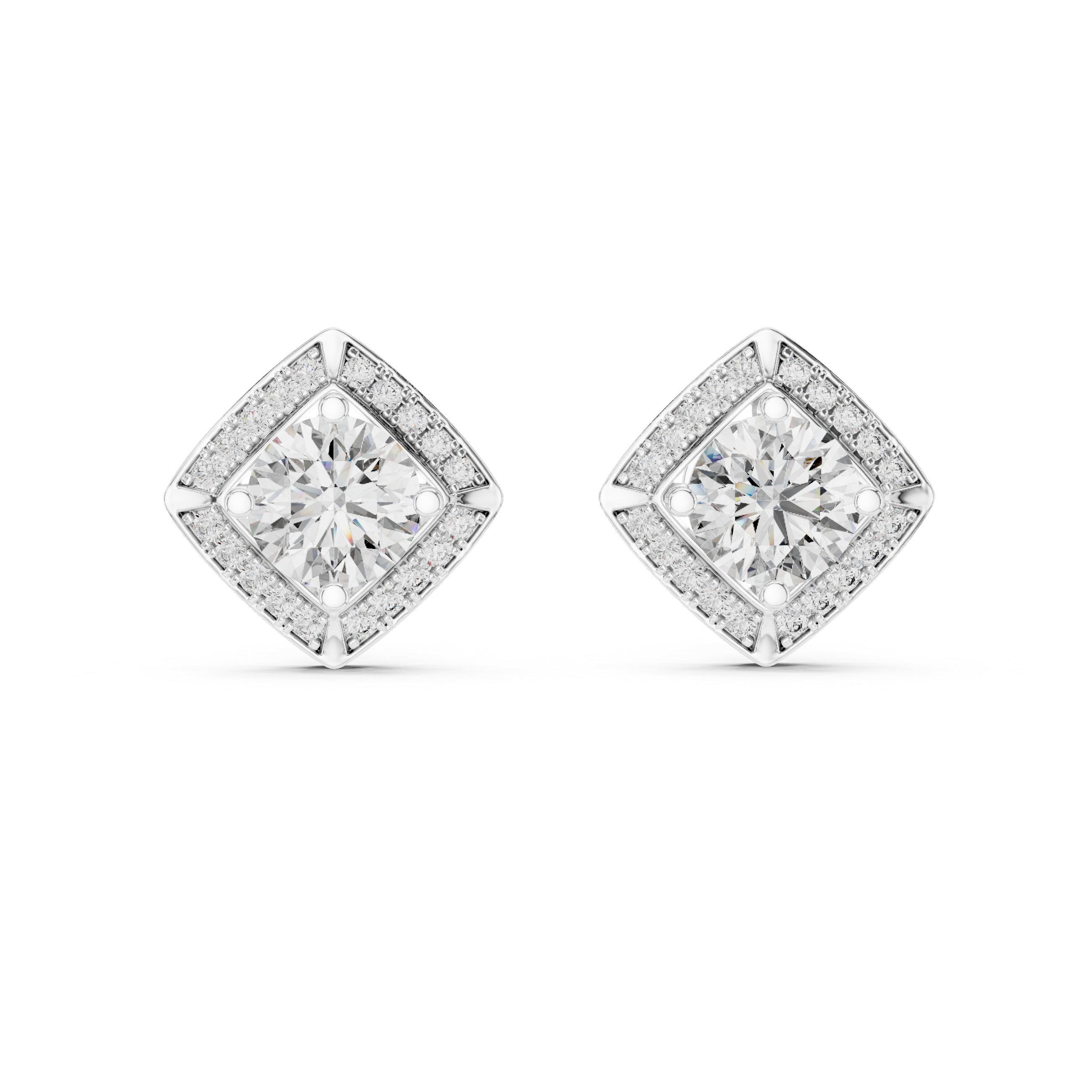 Square Shape Center Round Diamond Stud Halo Earrings in White Gold