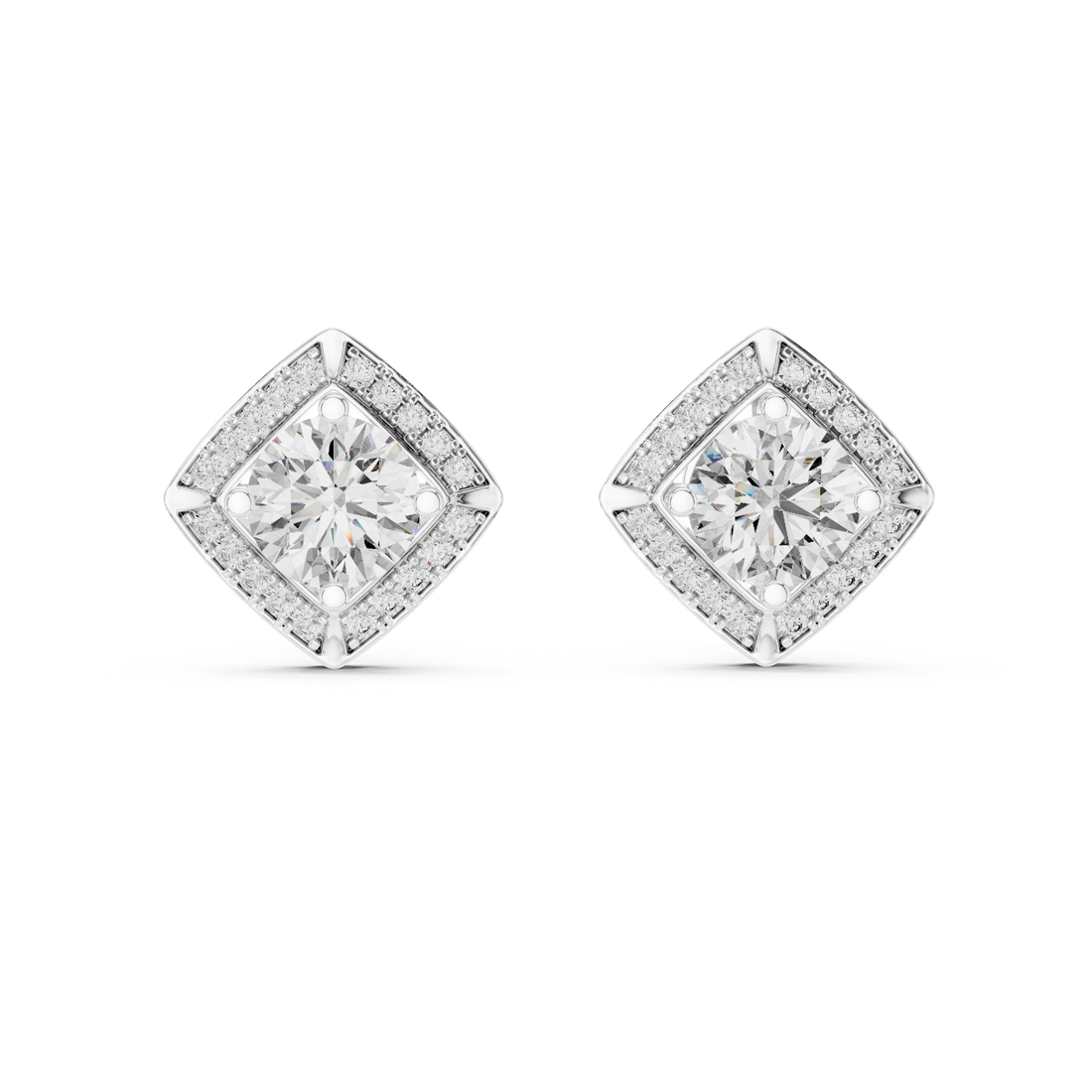 Square Shape Center Round Diamond Stud Halo Earrings in White Gold