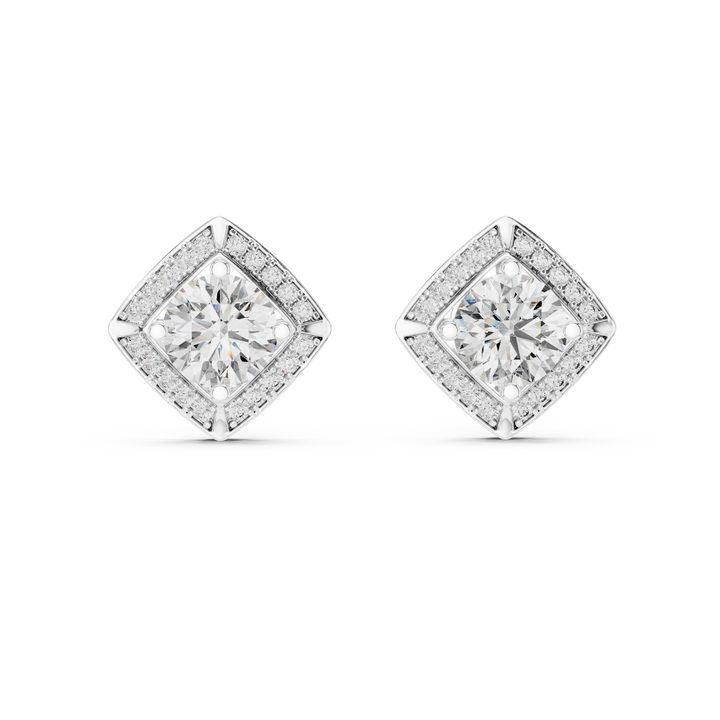 Square Shape Center Round Diamond Stud Halo Earrings in White Gold