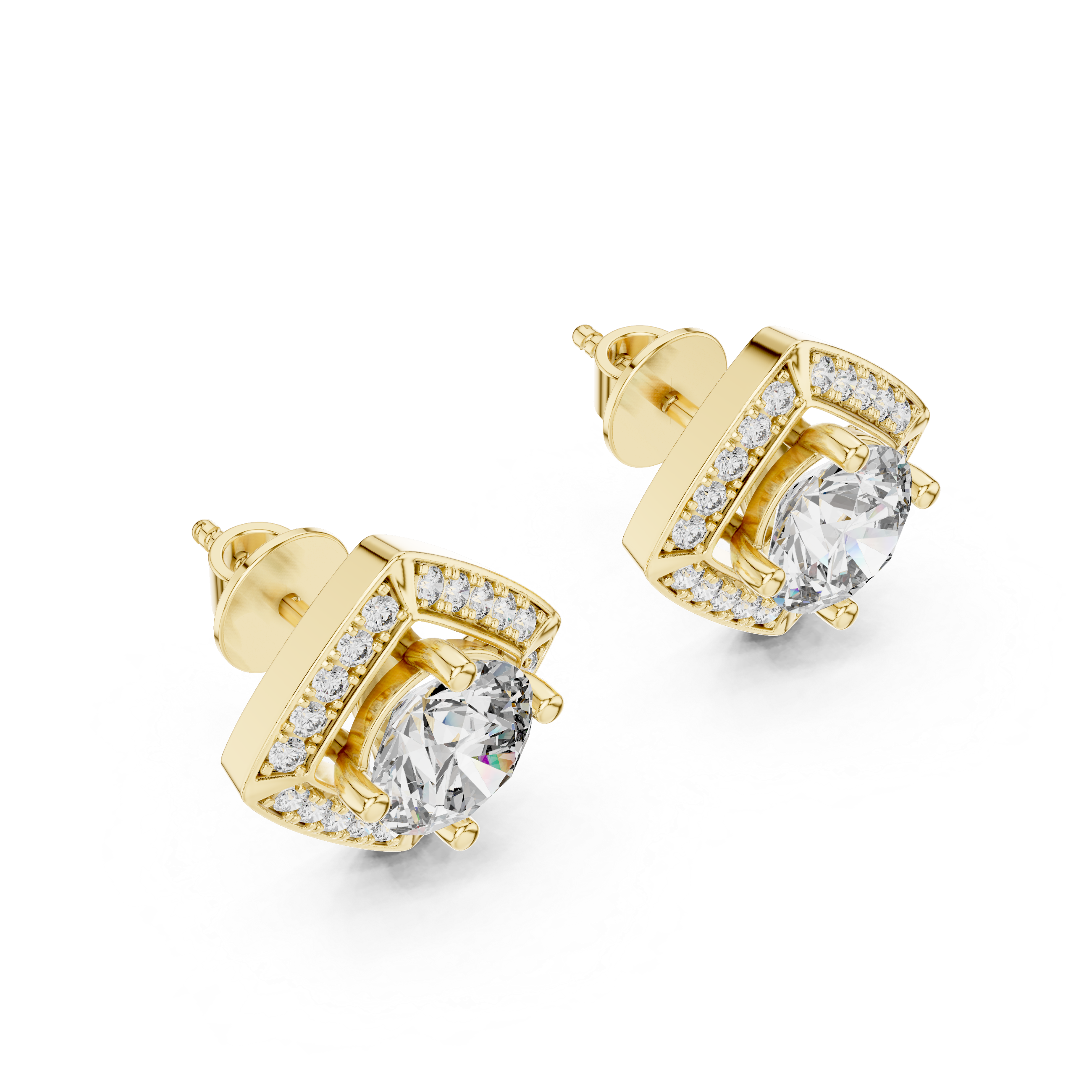 Square Shape Center Round Diamond Stud Halo Earrings in White Gold