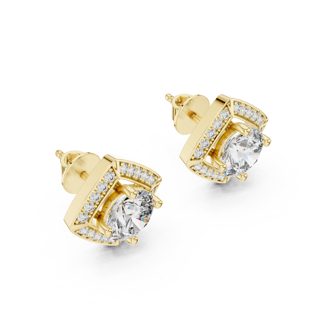 Square Shape Center Round Diamond Stud Halo Earrings in White Gold