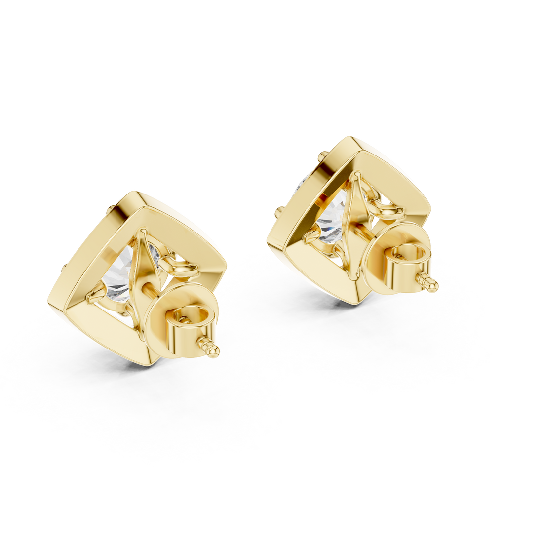 Square Shape Center Round Diamond Stud Halo Earrings in White Gold