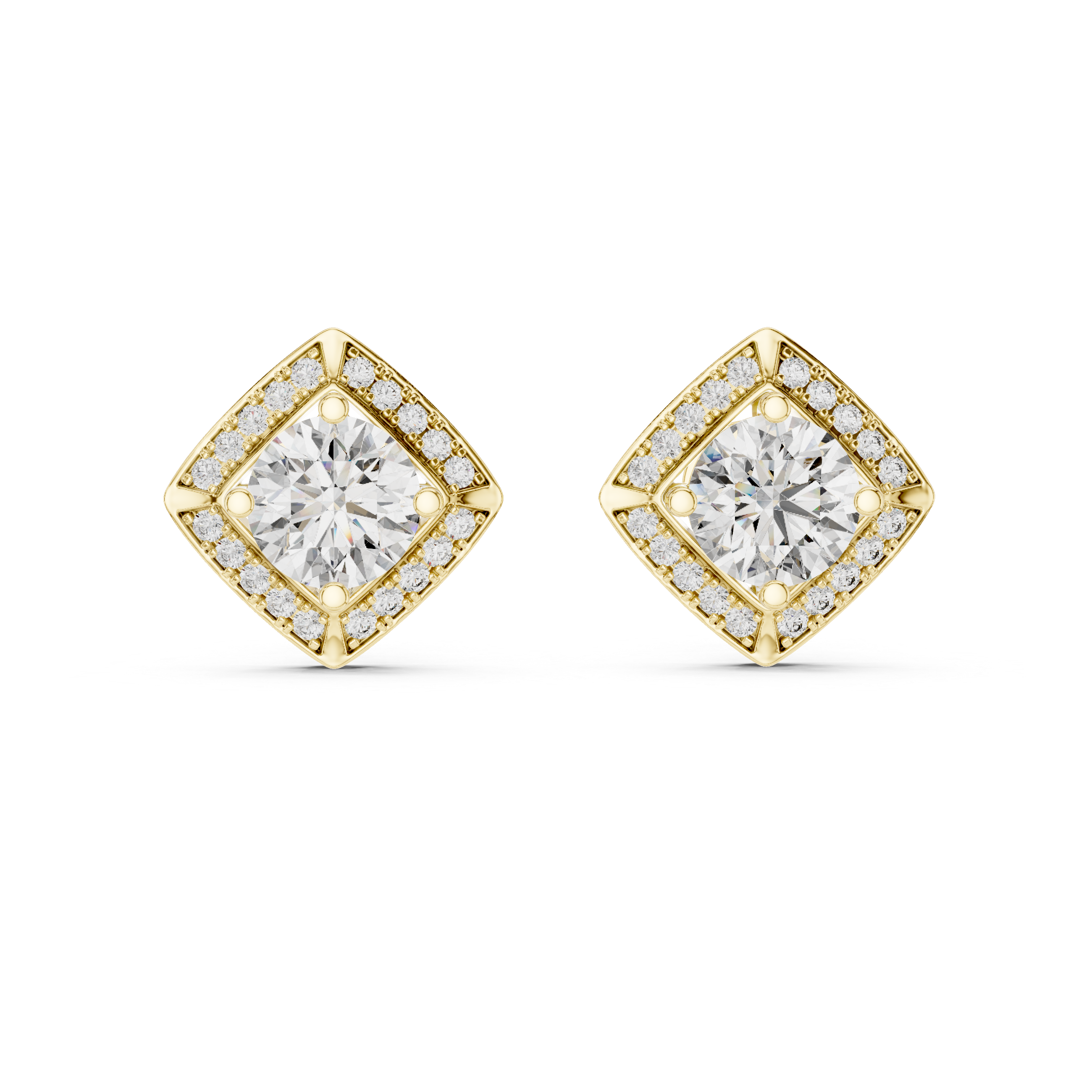 Square Shape Center Round Diamond Stud Halo Earrings in White Gold