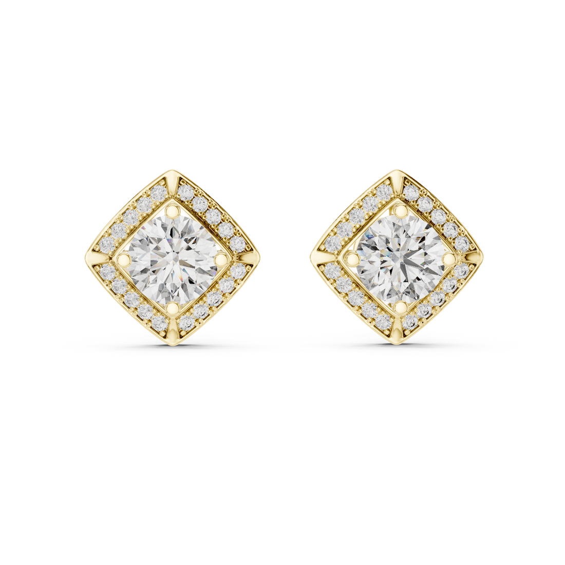 Square Shape Center Round Diamond Stud Halo Earrings in White Gold