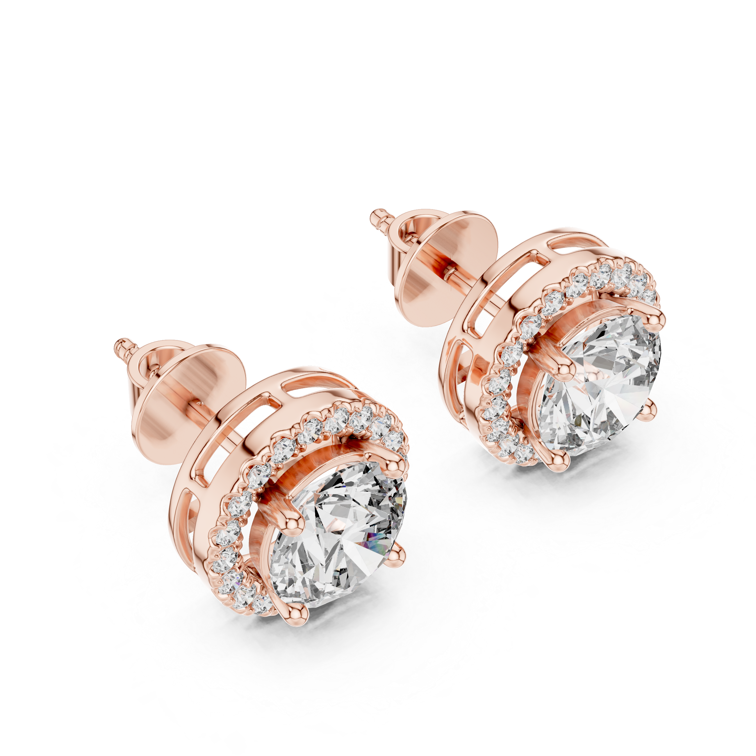 Simple Round Cut Diamond Stud Earrings with Halo Design