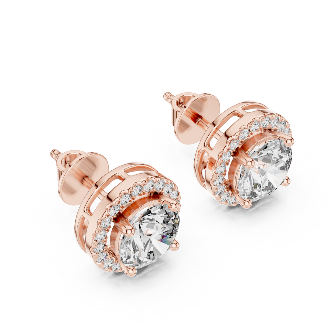 Simple Round Cut Diamond Stud Earrings with Halo Design
