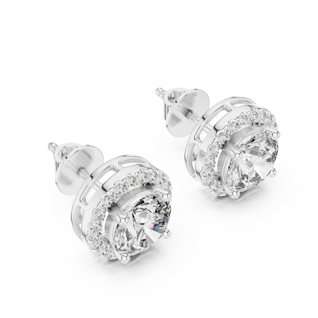 Simple Round Cut Diamond Stud Earrings with Halo Design