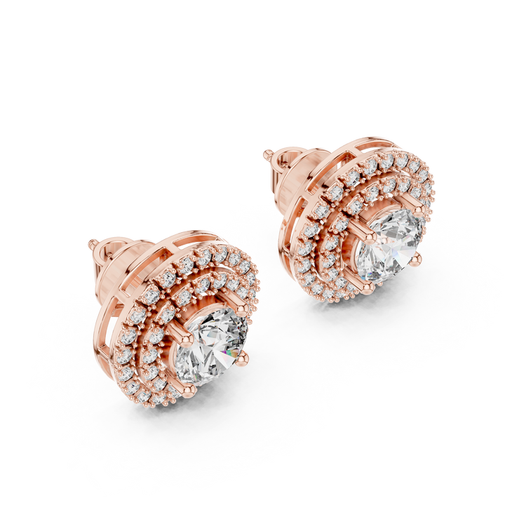 Fine Jewelry Double Halo Round Diamond Earrings with Modern Layered Design
